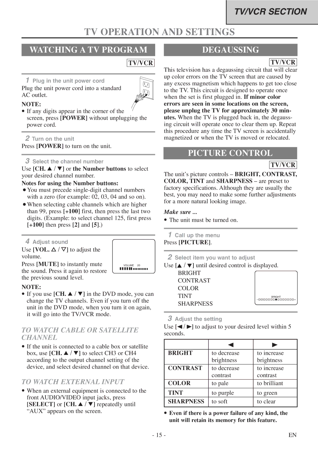 Sylvania 6724DF owner manual TV Operation and Settings, Watching a TV Program, Degaussing, Picture Control 