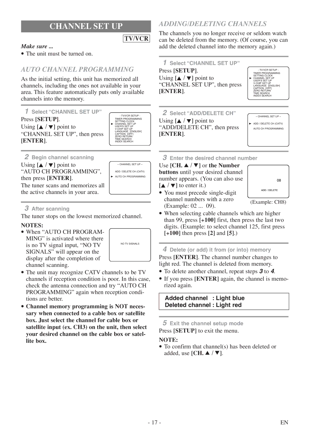 Sylvania 6724DF owner manual Channel SET UP, Auto Channel Programming, ADDING/DELETING Channels, Enter, Auto CH Programming 