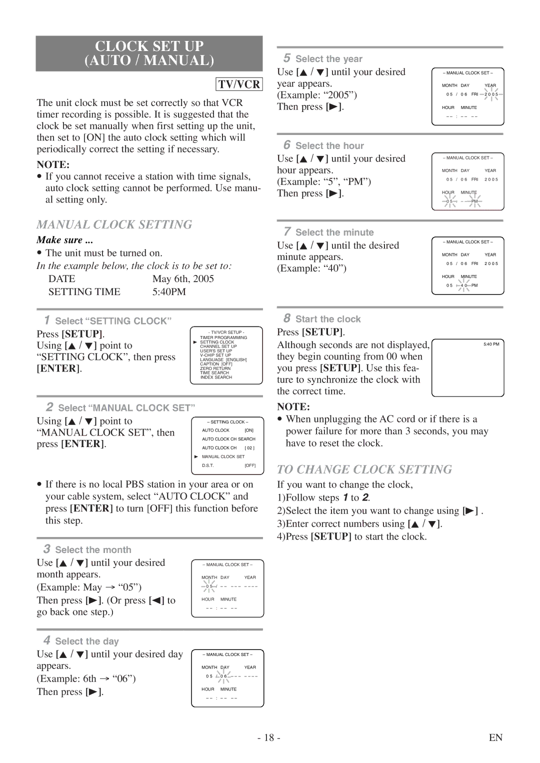 Sylvania 6724DF owner manual Clock SET UP Auto / Manual, Manual Clock Setting, To Change Clock Setting, Date, Setting Time 