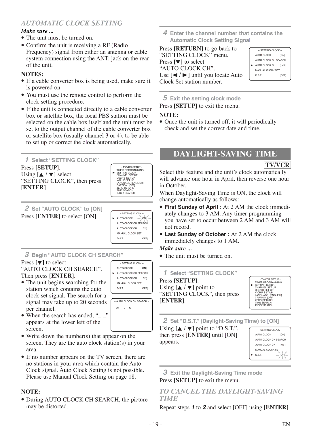 Sylvania 6724DF owner manual Automatic Clock Setting, To Cancel the DAYLIGHT-SAVING Time, Enter 