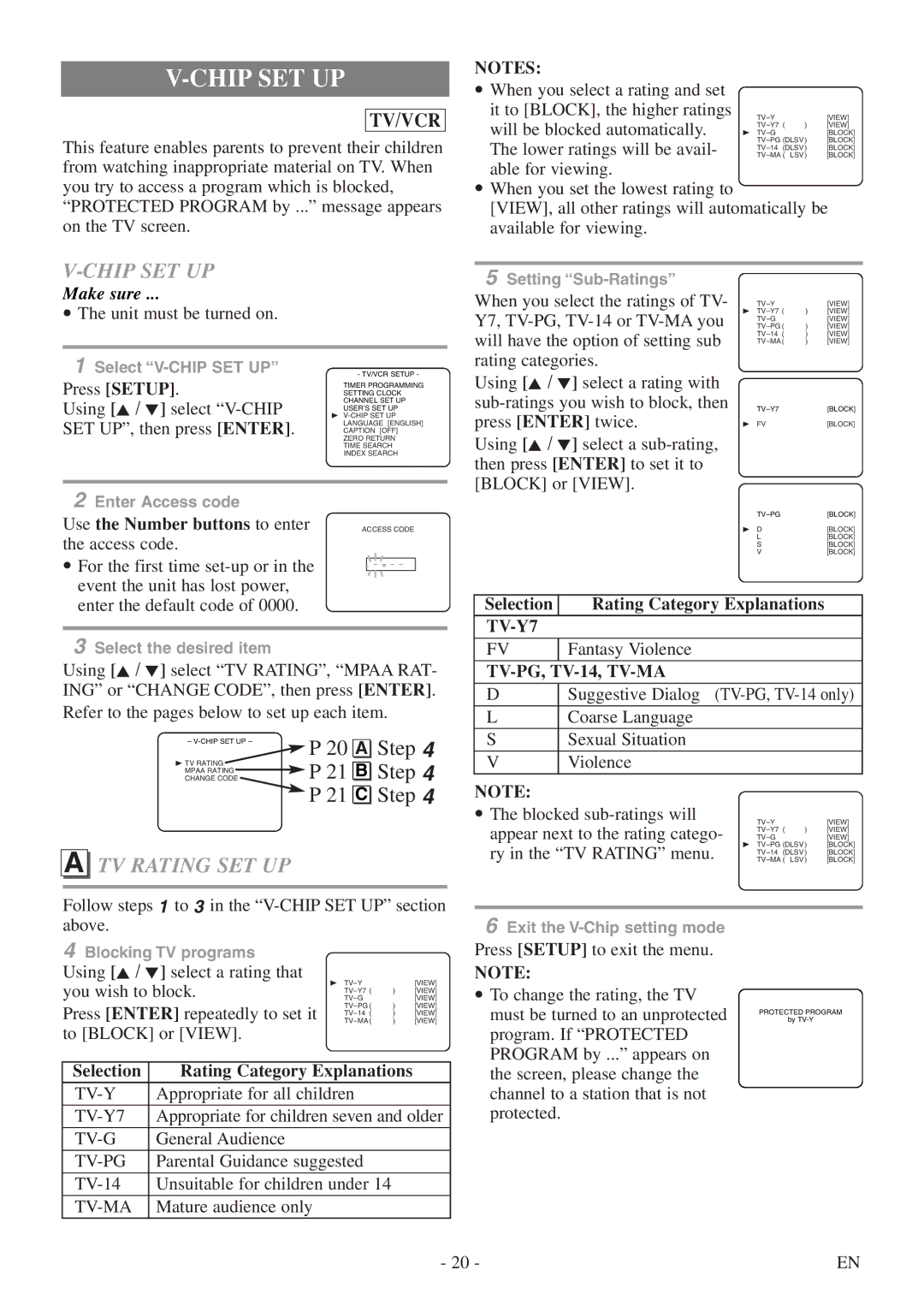 Sylvania 6724DF owner manual Chip SET UP, TV Rating SET UP, TV-Y7, TV-PG, TV-14, TV-MA 