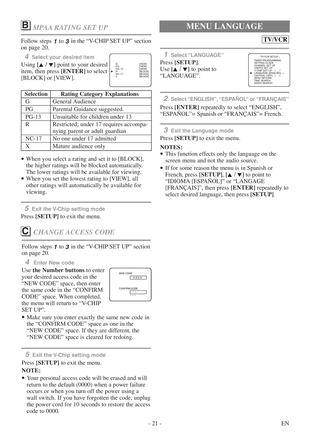 Sylvania 6724DF owner manual Menu Language, Mpaa Rating SET UP, Change Access Code, Set Up 