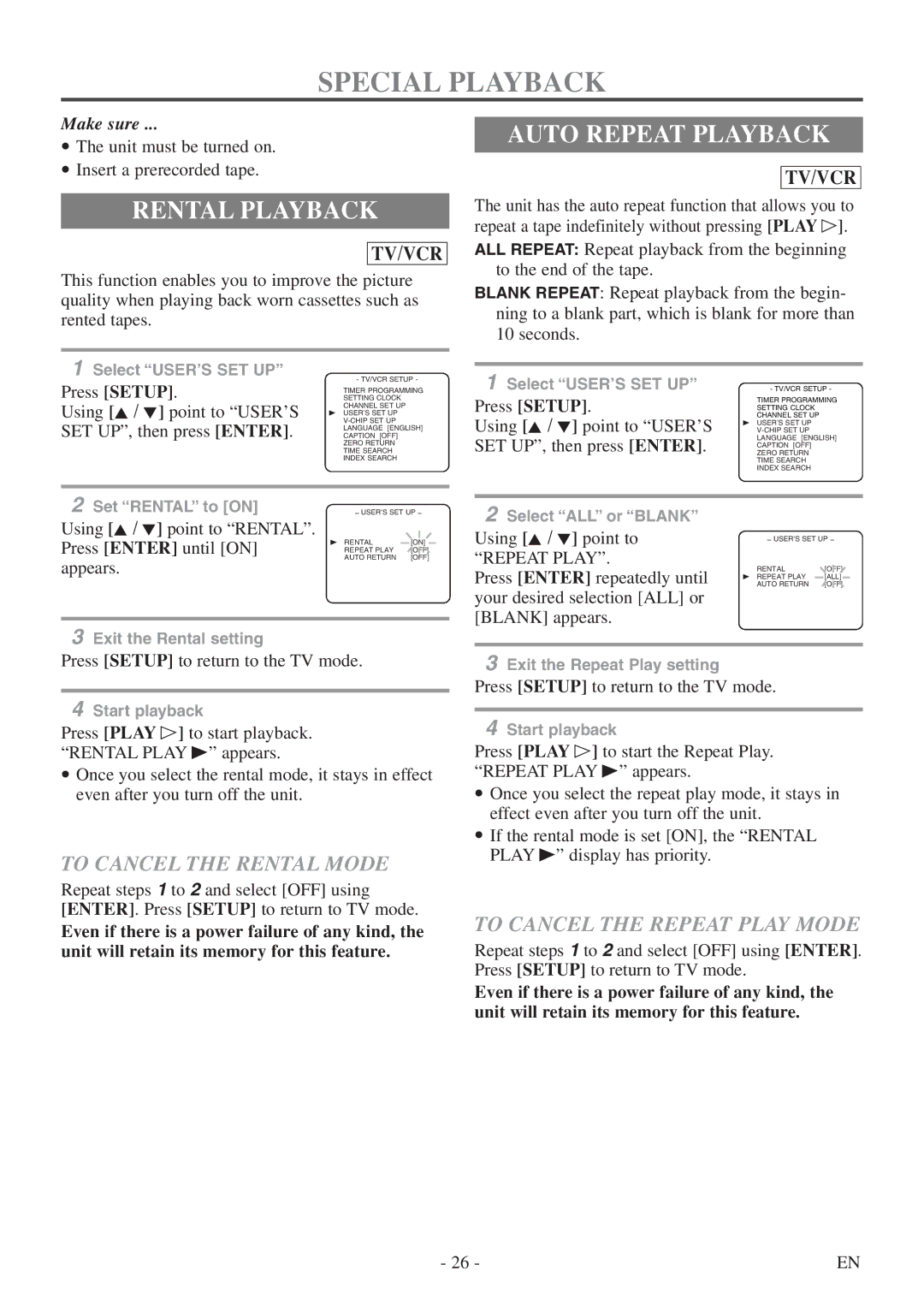 Sylvania 6724DF owner manual Special Playback, Rental Playback, Auto Repeat Playback, To Cancel the Rental Mode 