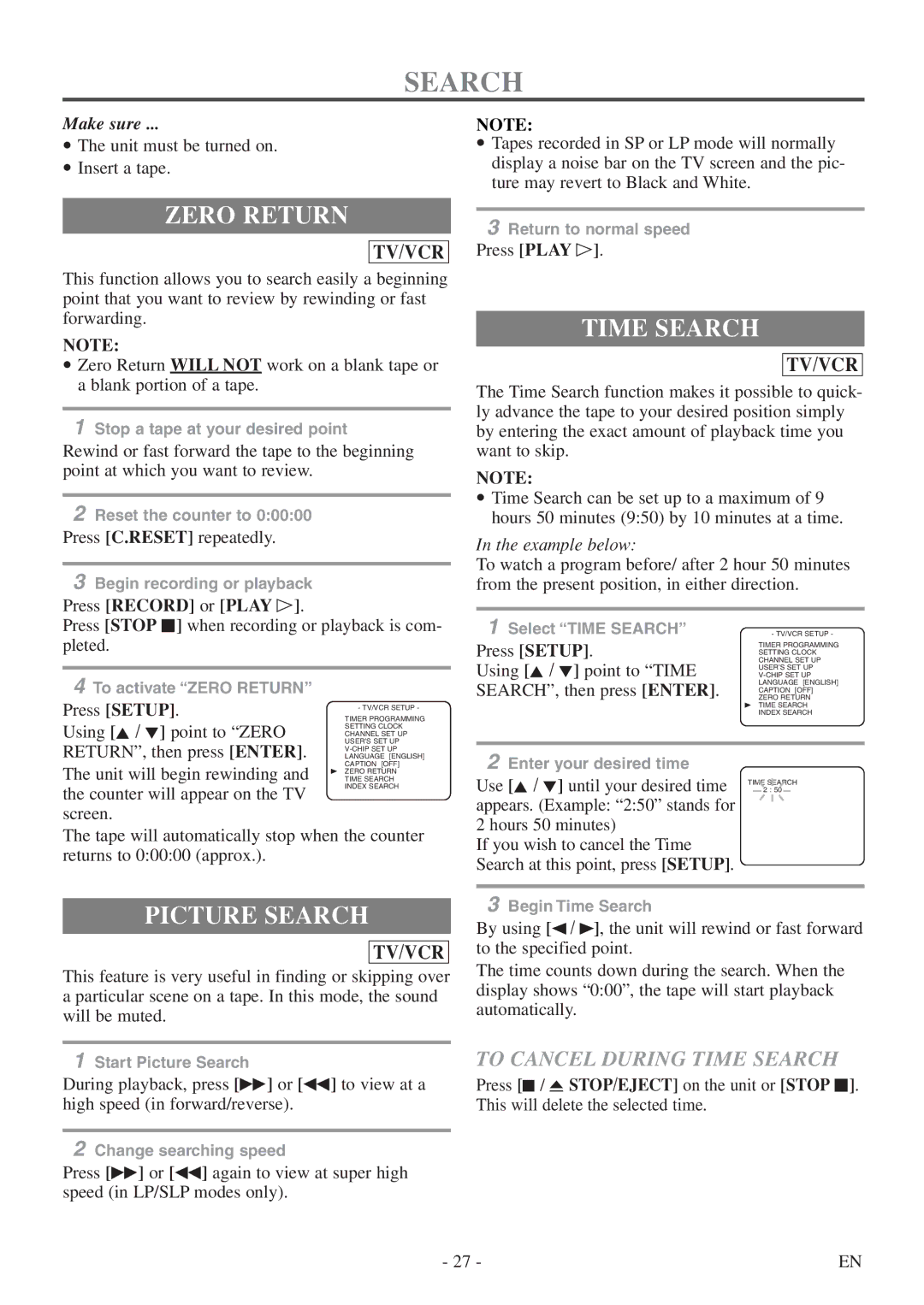 Sylvania 6724DF owner manual Zero Return, Picture Search, To Cancel During Time Search 