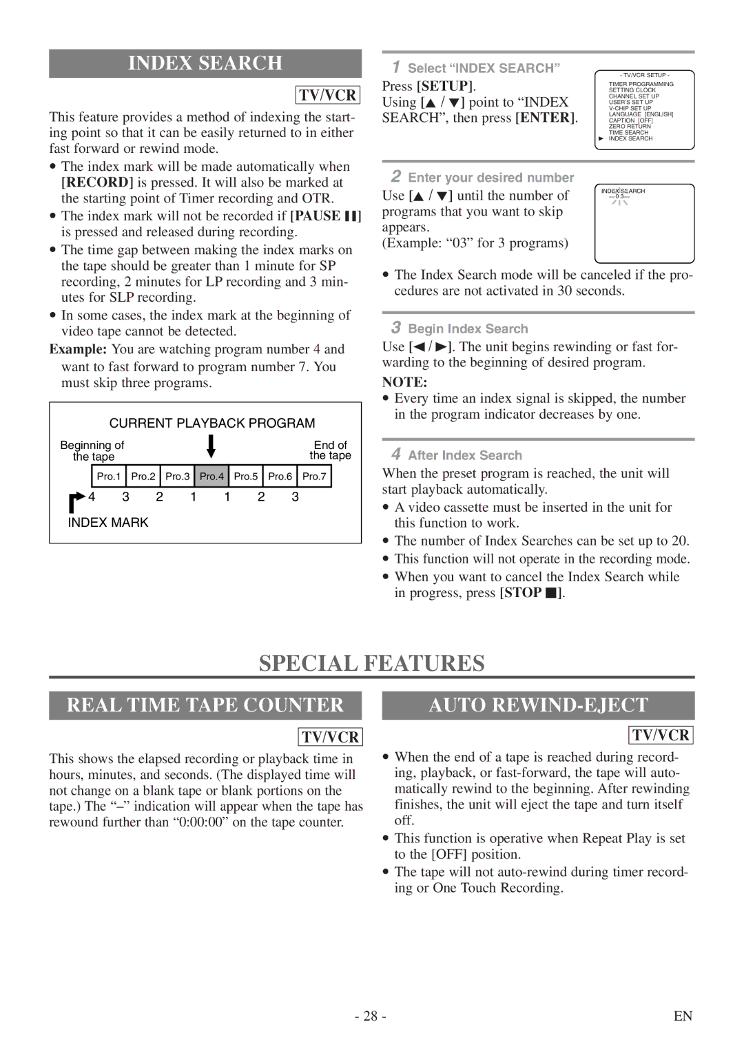 Sylvania 6724DF owner manual Special Features, Index Search, Real Time Tape Counter, Auto REWIND-EJECT 