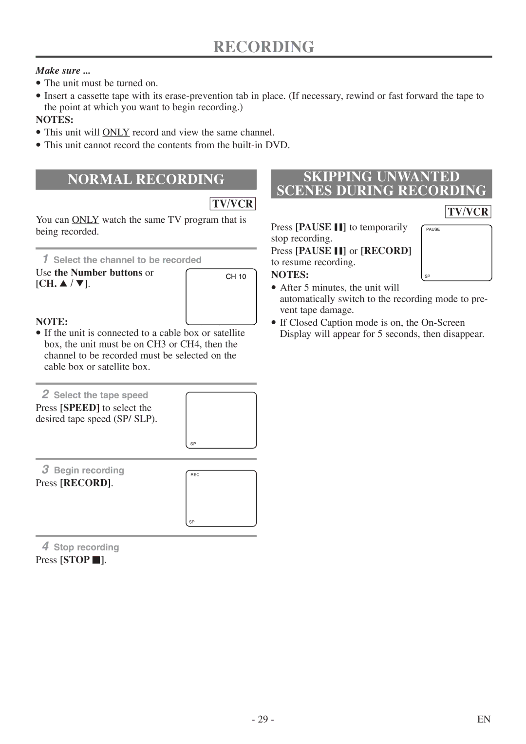 Sylvania 6724DF owner manual Normal Recording, Skipping Unwanted Scenes During Recording 