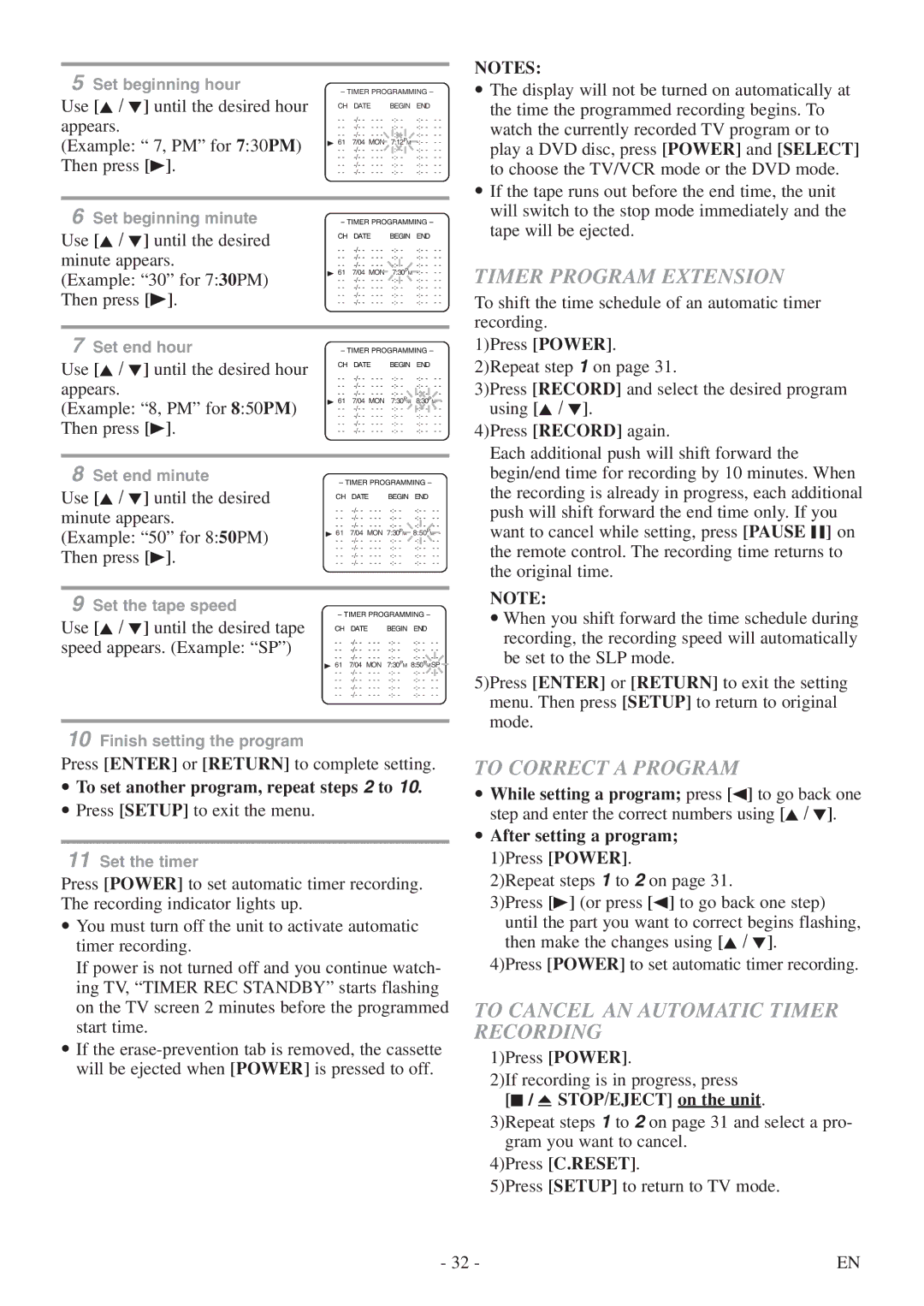 Sylvania 6724DF owner manual Timer Program Extension, To Correct a Program, To Cancel AN Automatic Timer Recording 