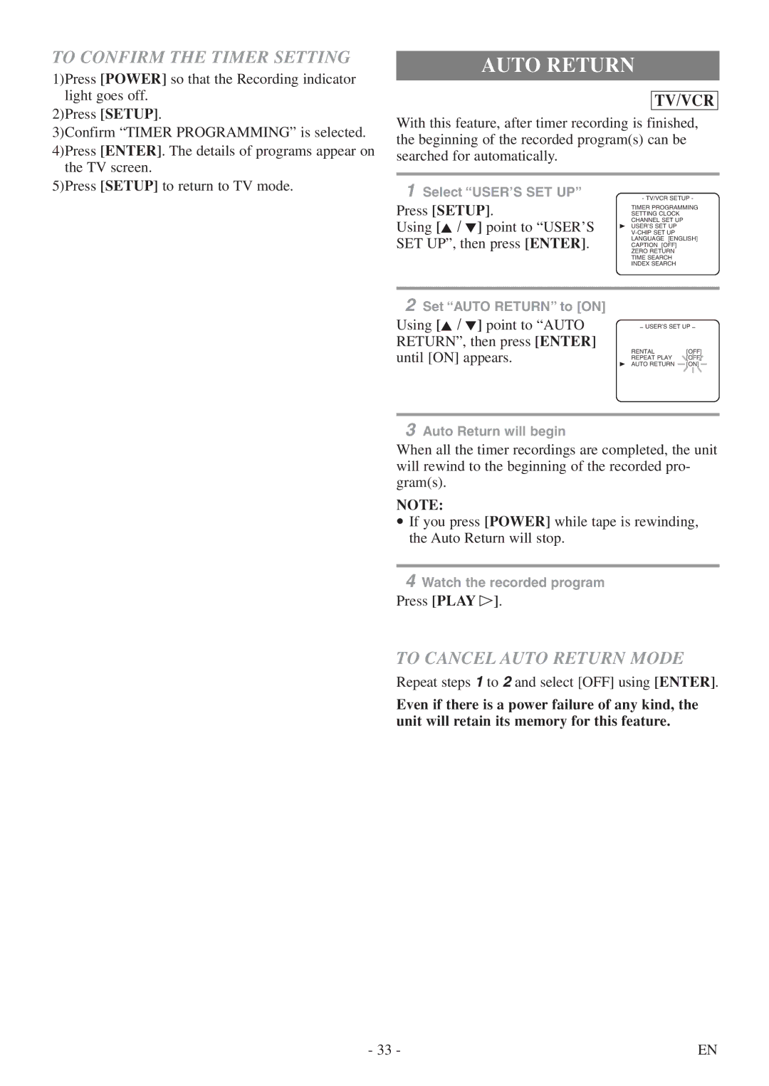 Sylvania 6724DF owner manual To Confirm the Timer Setting, To Cancel Auto Return Mode 