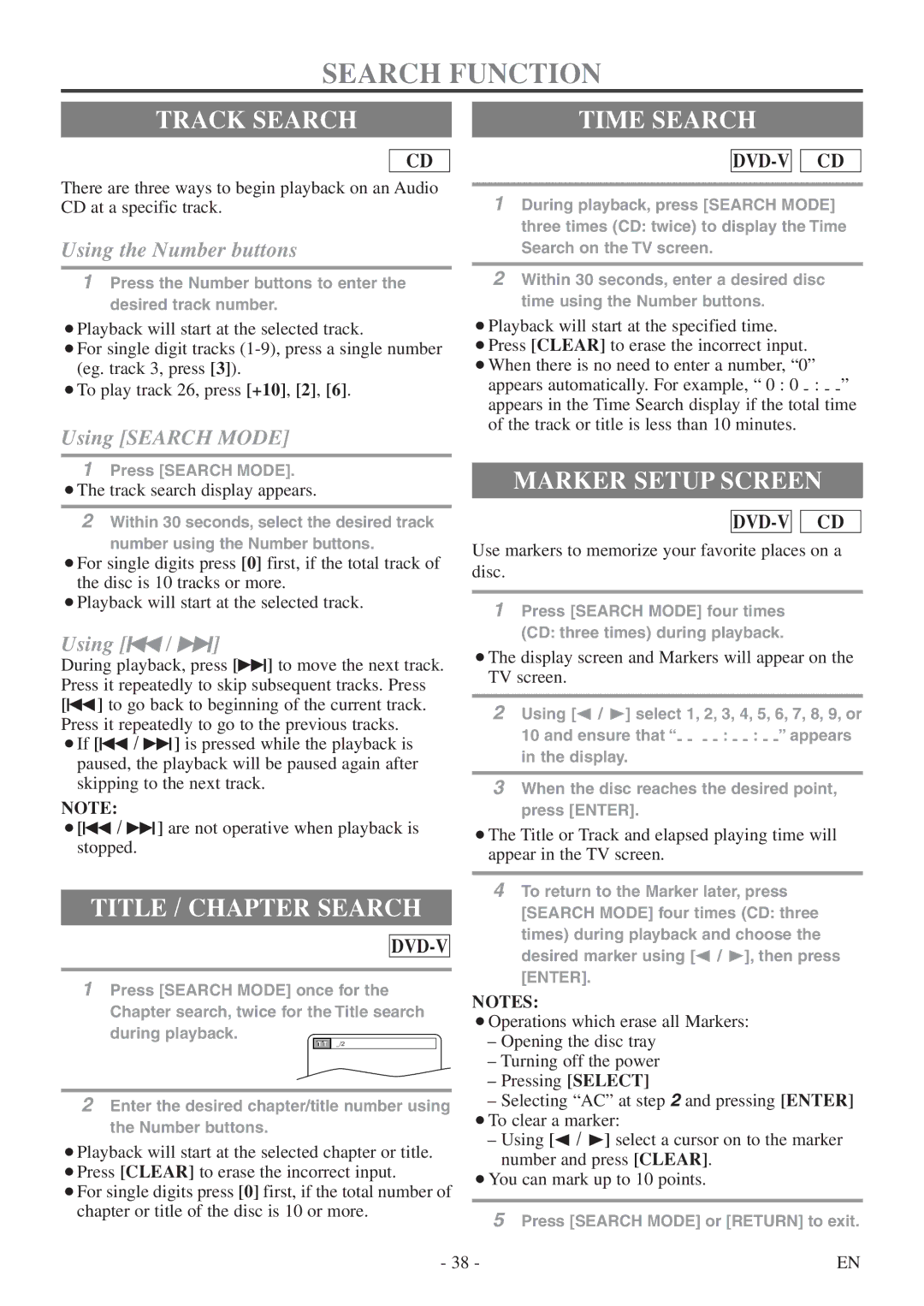 Sylvania 6724DF owner manual Search Function, Track Search, Title / Chapter Search, Marker Setup Screen 