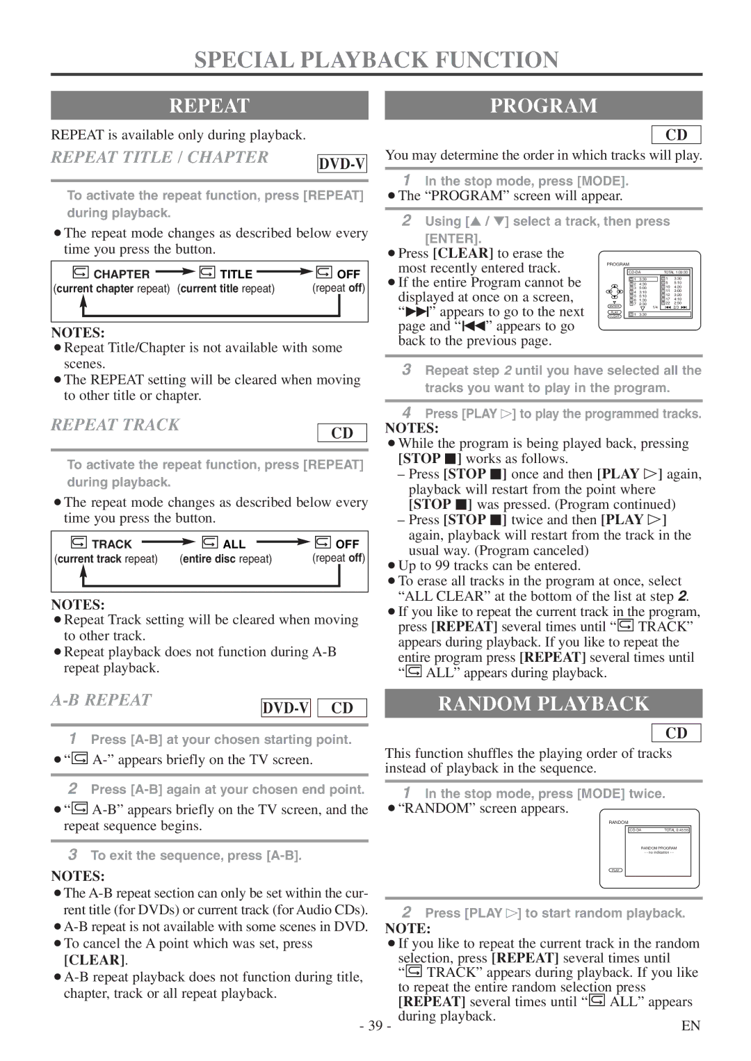 Sylvania 6724DF owner manual Special Playback Function, Repeatprogram, Random Playback 