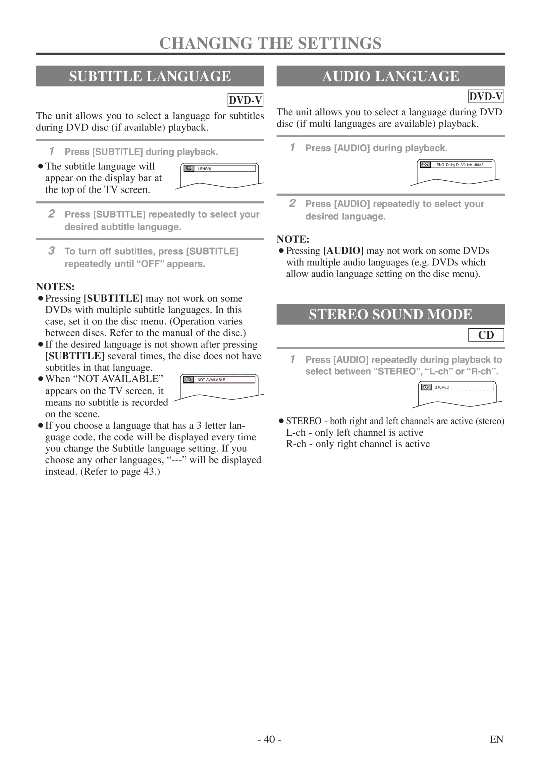 Sylvania 6724DF owner manual Changing the Settings, Subtitle Language, Audio Language, Stereo Sound Mode 