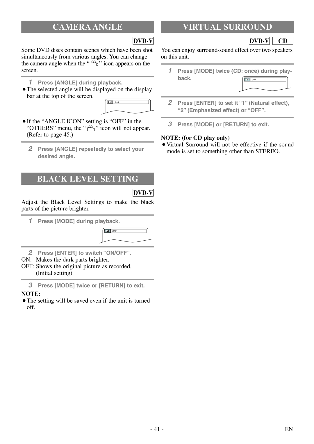 Sylvania 6724DF owner manual Camera Angle, Virtual Surround, Black Level Setting 