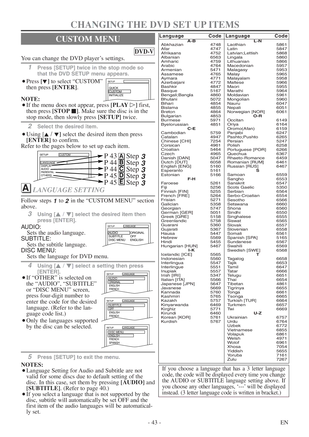 Sylvania 6724DF owner manual Changing the DVD SET UP Items, Custom Menu, Language Setting 