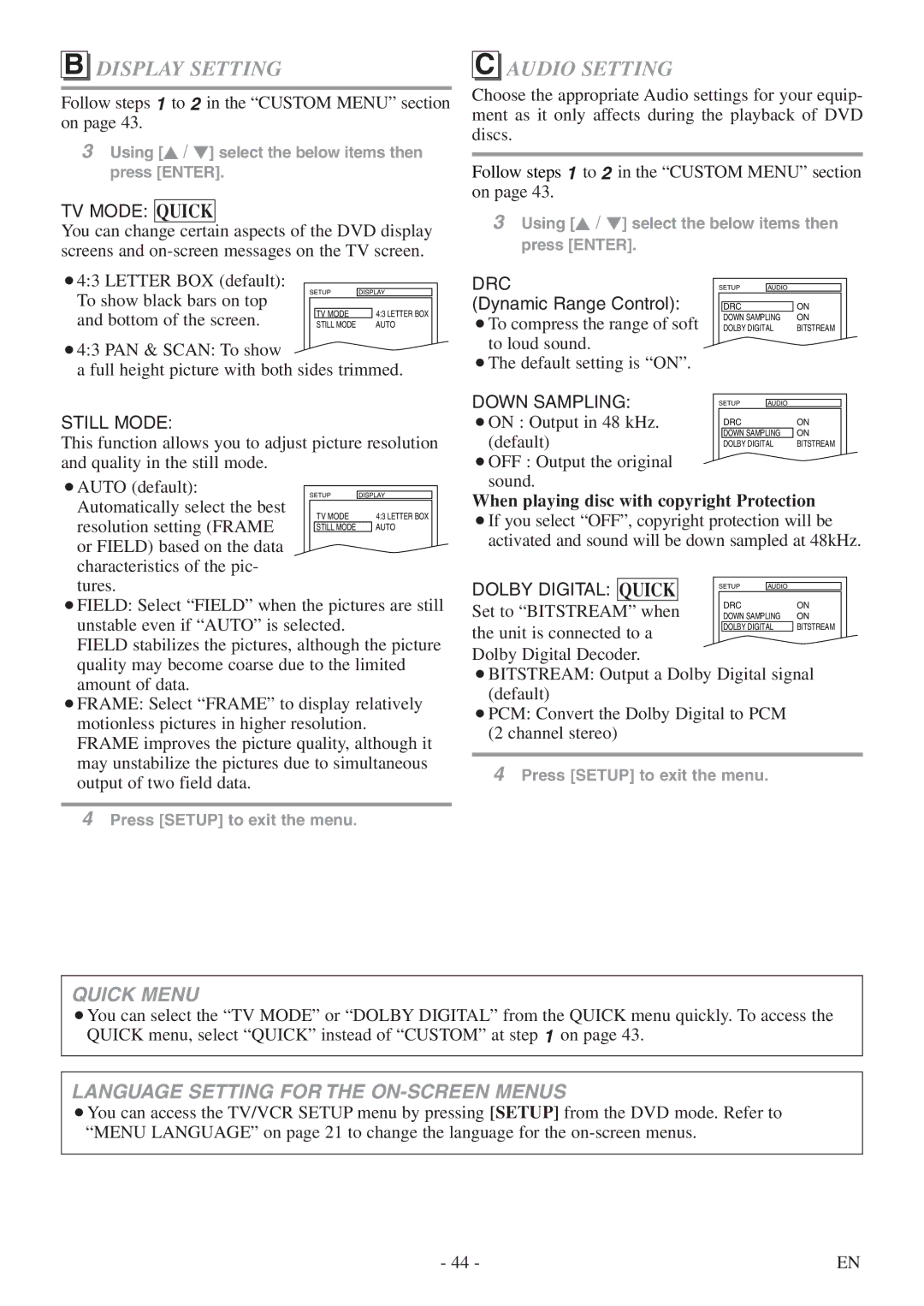 Sylvania 6724DF owner manual Display Setting, Audio Setting, When playing disc with copyright Protection, Quick 