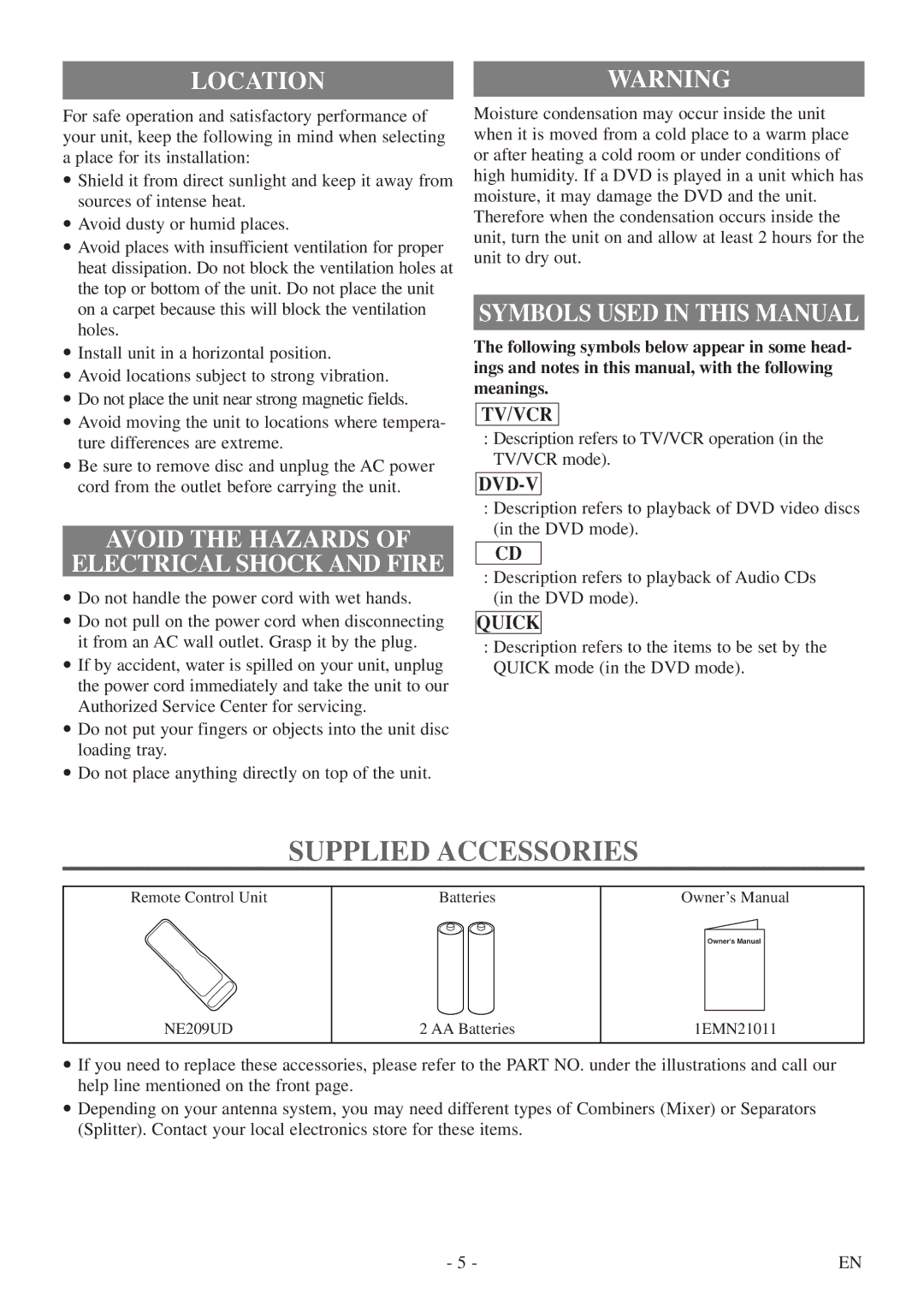 Sylvania 6724DF owner manual Supplied Accessories, Locationwarning, Avoid the Hazards Electrical Shock and Fire 