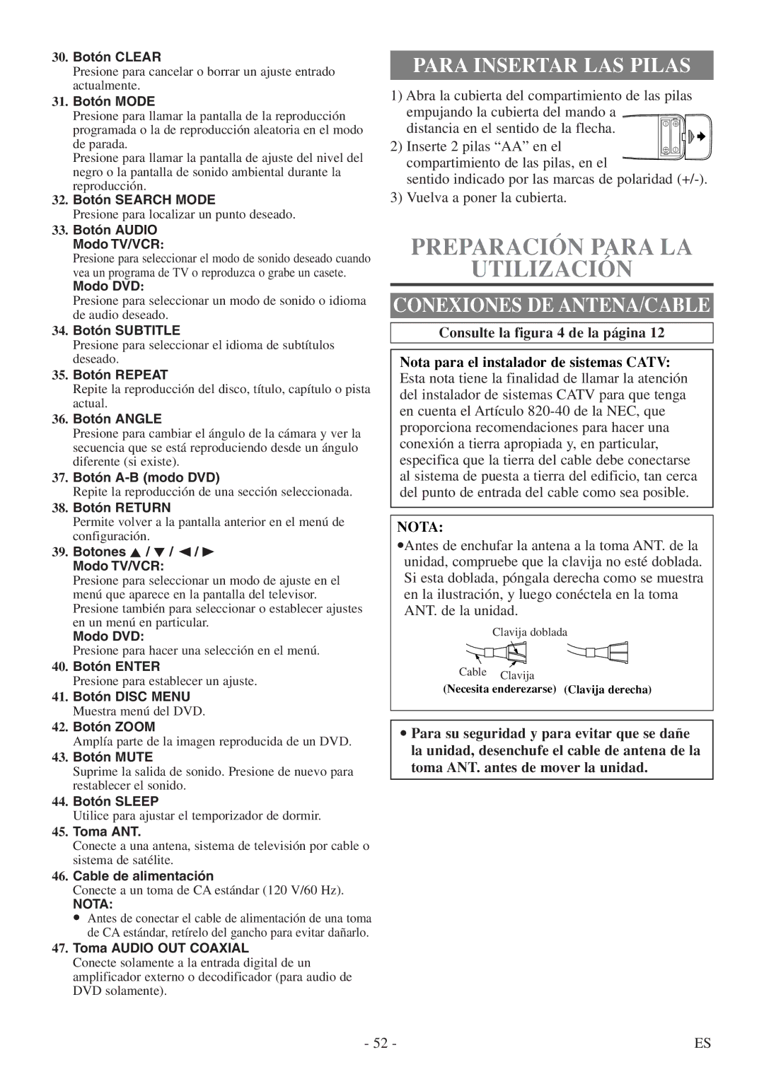 Sylvania 6724DF owner manual Preparación Para LA Utilización, Para Insertar LAS Pilas, Conexiones DE ANTENA/CABLE, Nota 