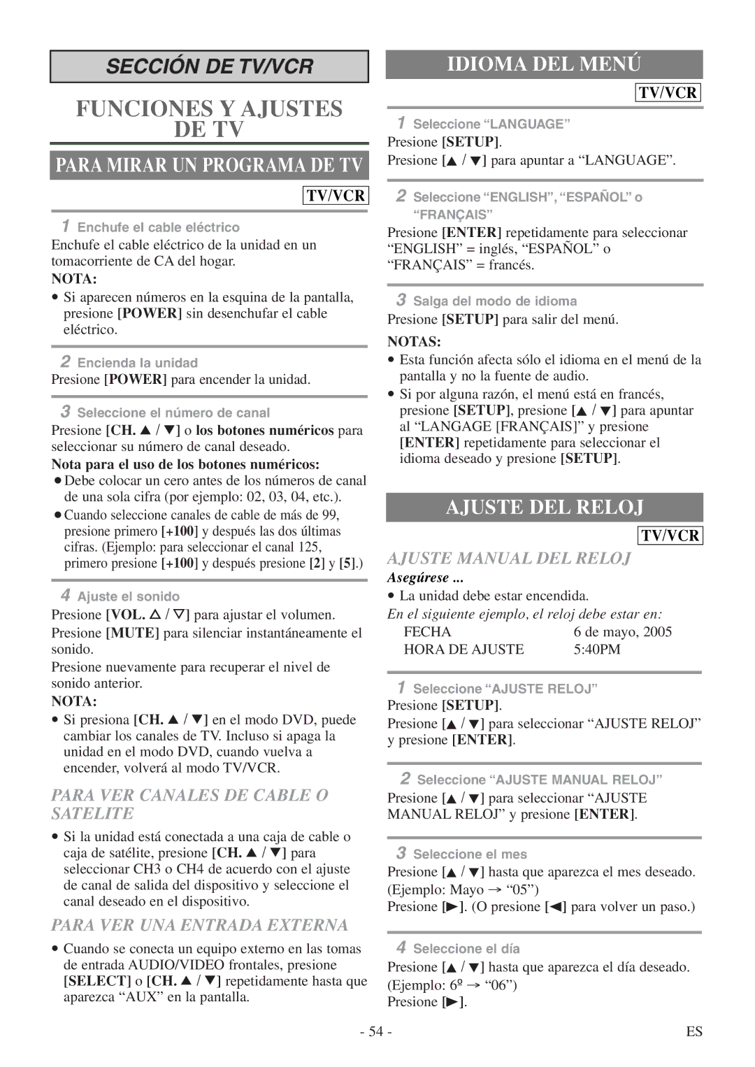 Sylvania 6724DF owner manual Funciones Y Ajustes DE TV, Idioma DEL Menú, Ajuste DEL Reloj 