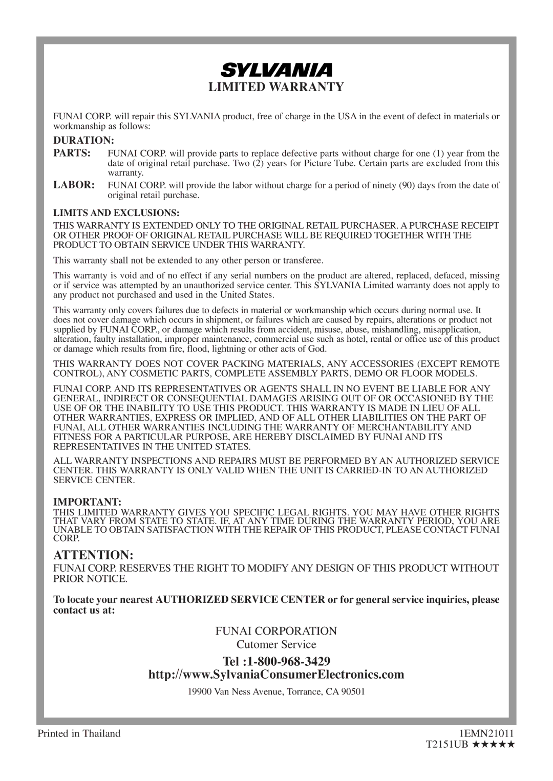 Sylvania 6724DF owner manual Duration, 1EMN21011, T2151UB 