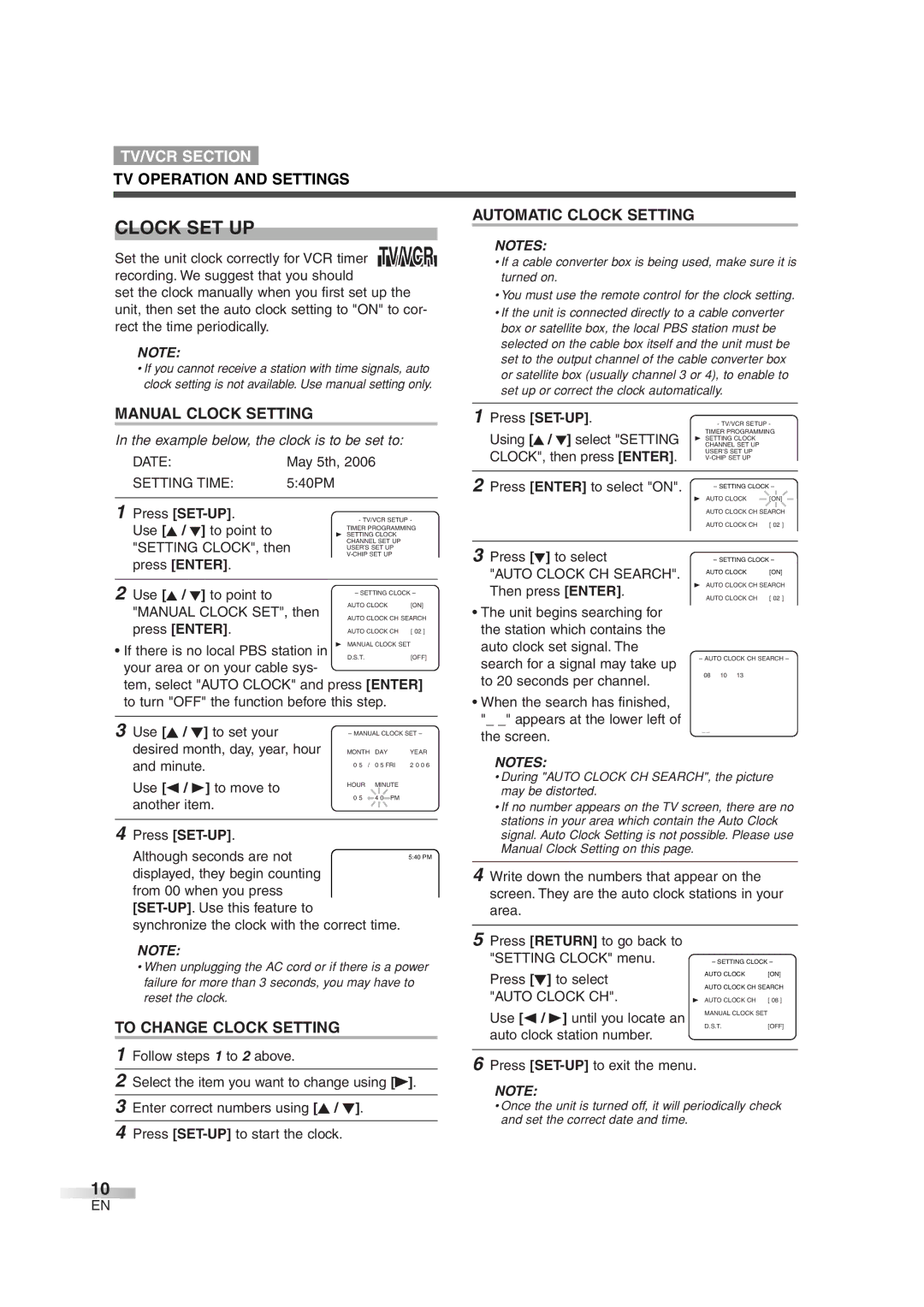 Sylvania 6724DG owner manual Clock SET UP, TV Operation and Settings, Automatic Clock Setting, Manual Clock Setting 