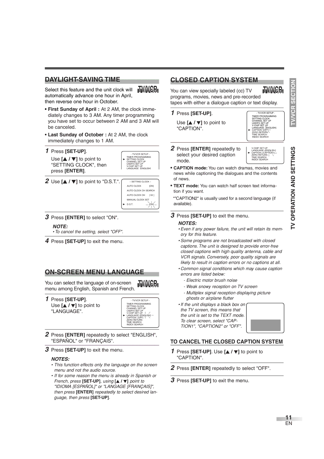 Sylvania 6724DG owner manual DAYLIGHT-SAVING Time, ON-SCREEN Menu Language, To Cancel the Closed Caption System 