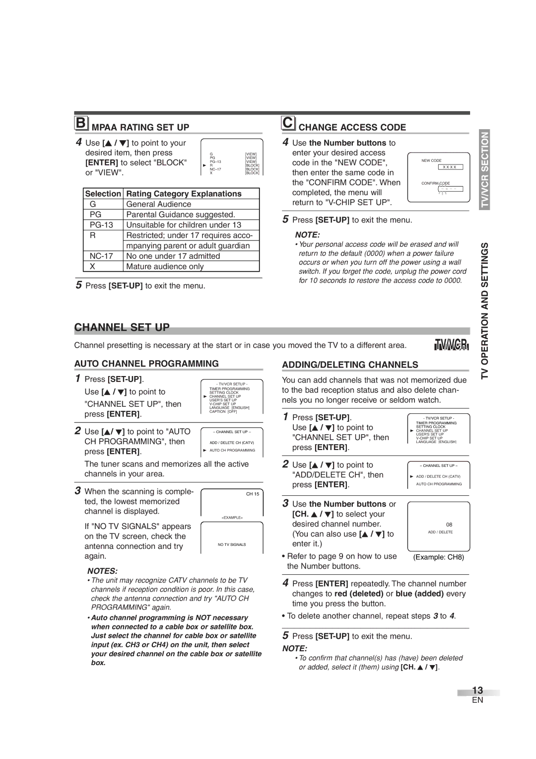 Sylvania 6724DG owner manual Channel SET UP, Mpaa Rating SET UP Change Access Code, Selection Rating Category 