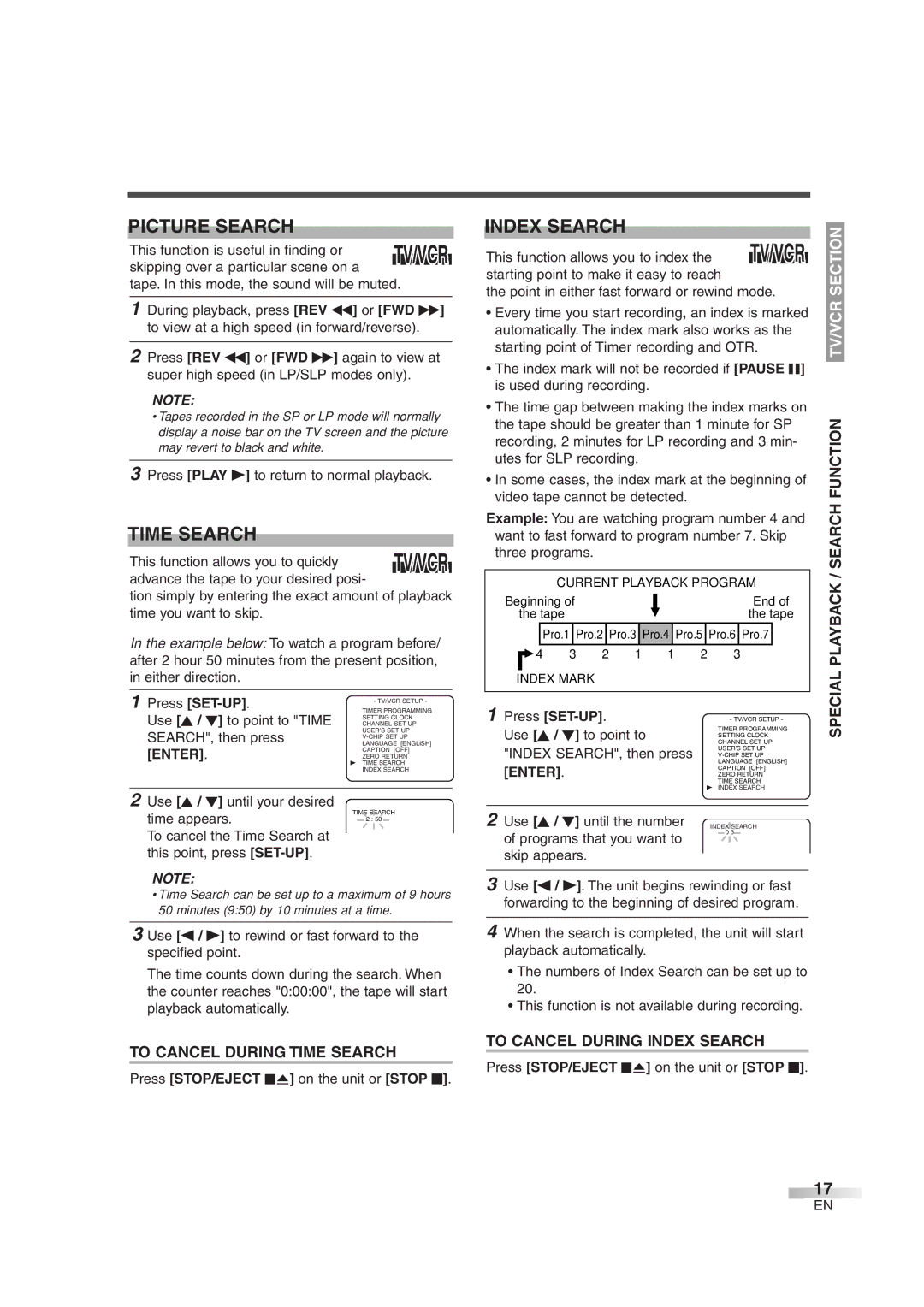 Sylvania 6724DG owner manual Picture Search, Time Search, Index Search 