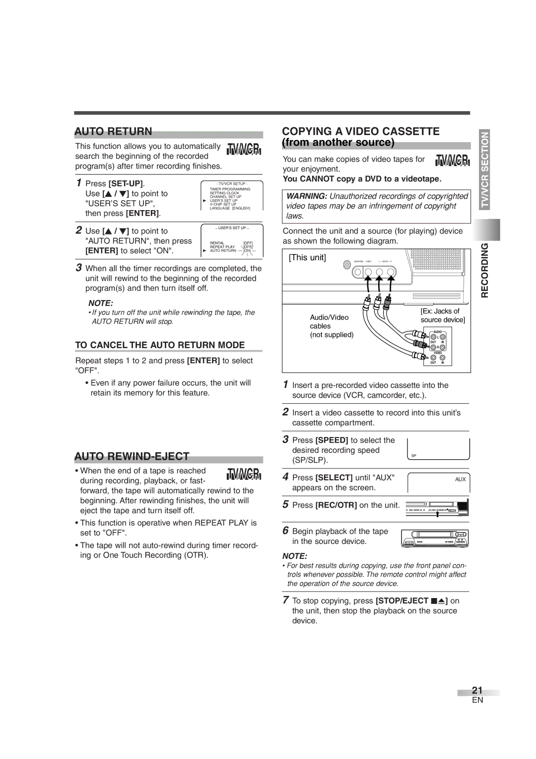 Sylvania 6724DG owner manual Auto REWIND-EJECT, Copying a Video Cassette, To Cancel the Auto Return Mode 