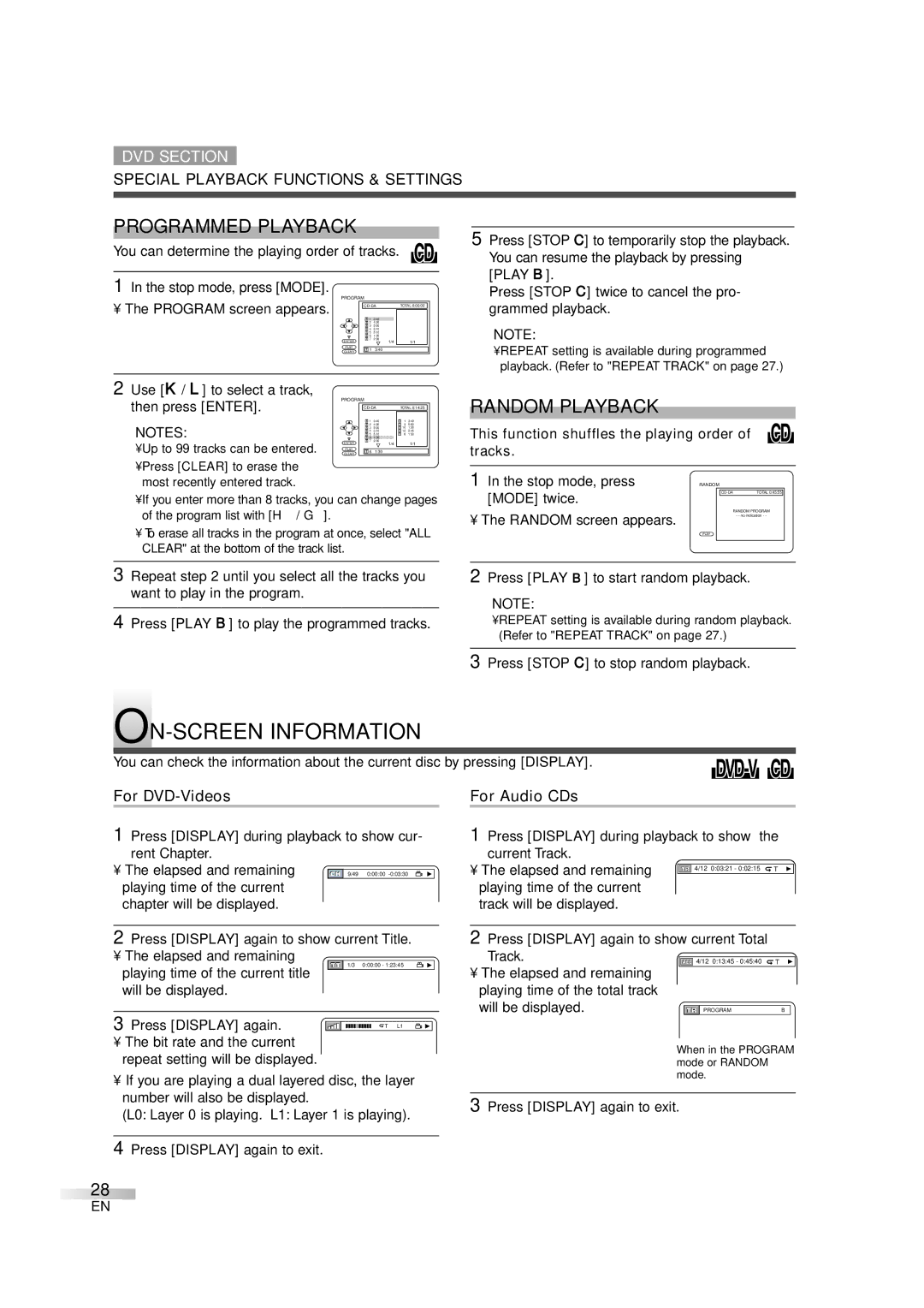 Sylvania 6724DG owner manual ON-SCREEN Information, Programmed Playback, Random Playback, Mode twice 