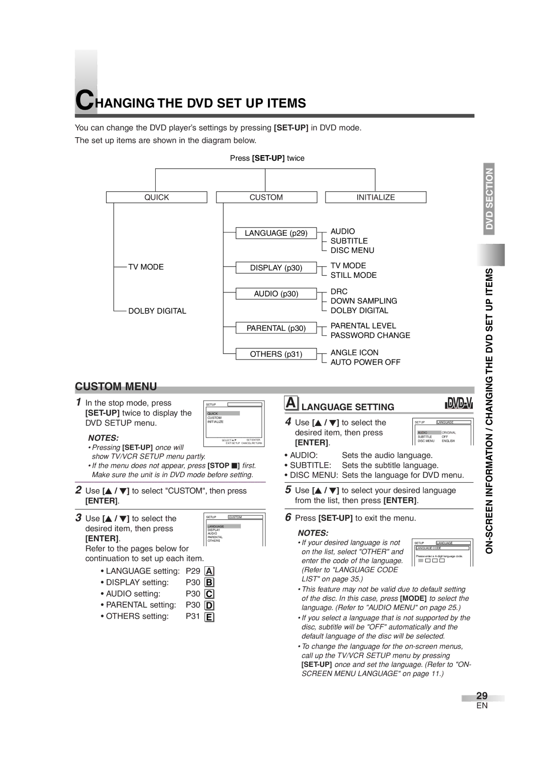 Sylvania 6724DG owner manual Changing the DVD SET UP Items, Custom Menu, Language Setting, Information / Changing 