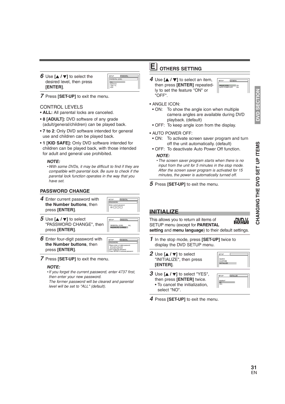 Sylvania 6724DG owner manual Initialize, Password Change, Others Setting, Dvd 