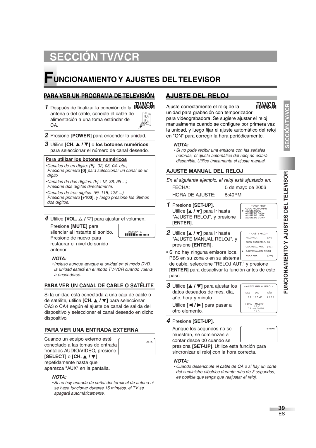 Sylvania 6724DG owner manual Funcionamiento Y Ajustes DEL Televisor, Tv/Vcr, Ajuste DEL Reloj 