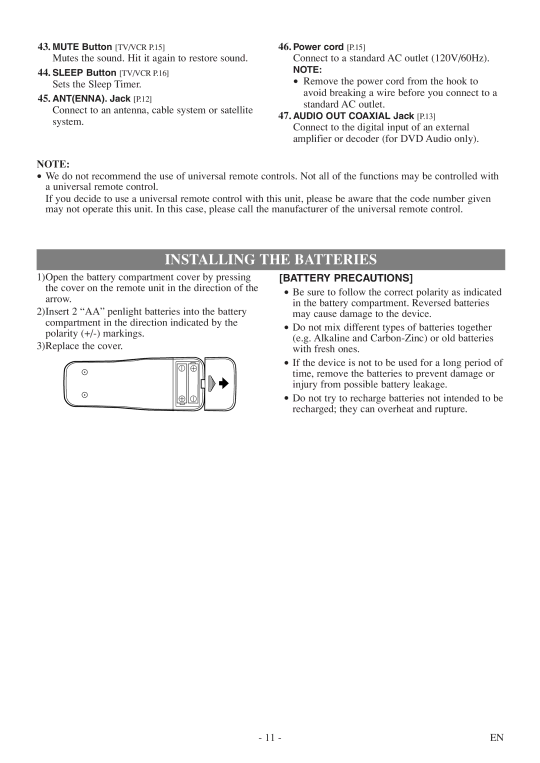 Sylvania 6724FDF owner manual Installing the Batteries, Battery Precautions 