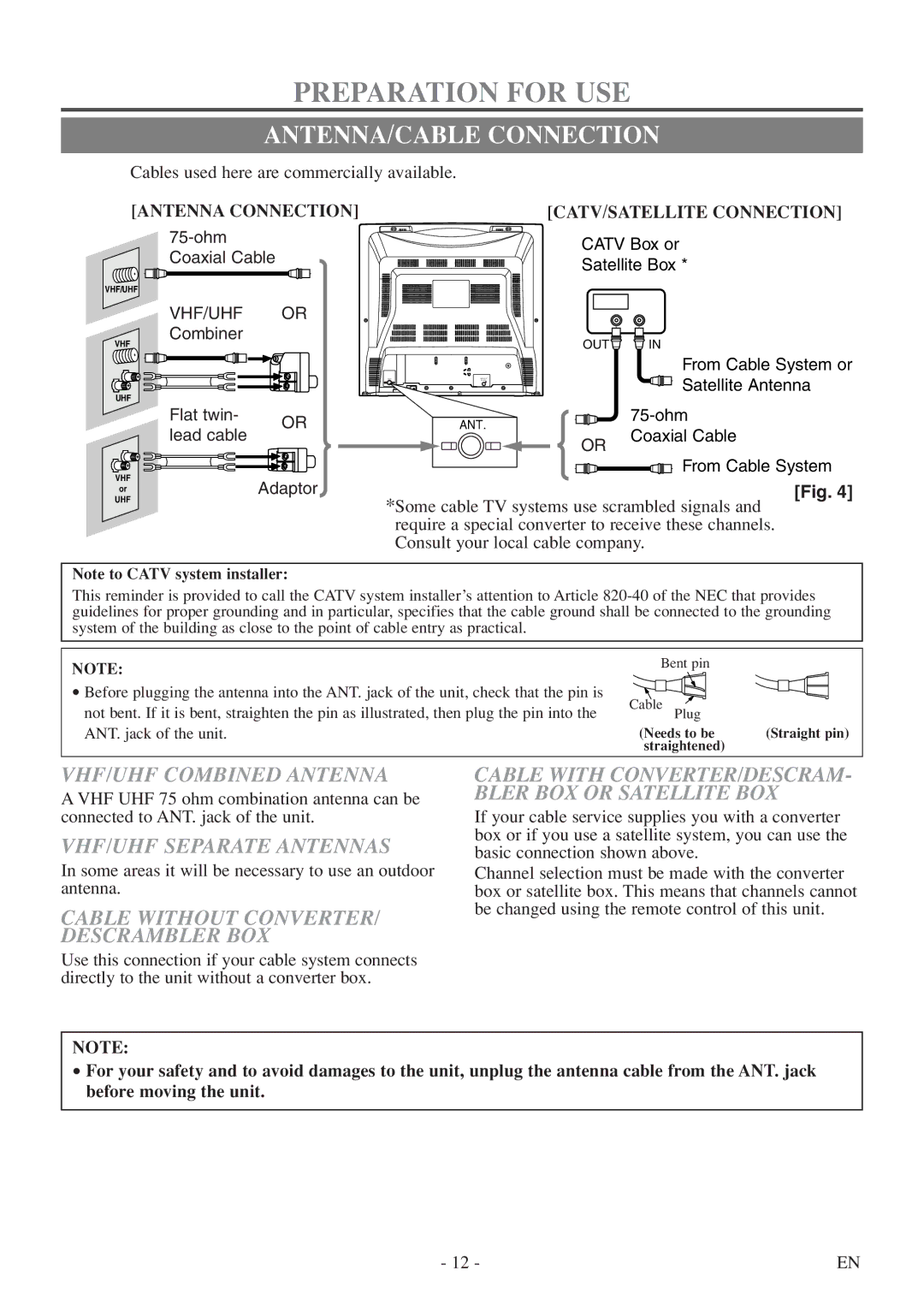 Sylvania 6724FDF Preparation for USE, ANTENNA/CABLE Connection, VHF/UHF Combined Antenna, VHF/UHF Separate Antennas 