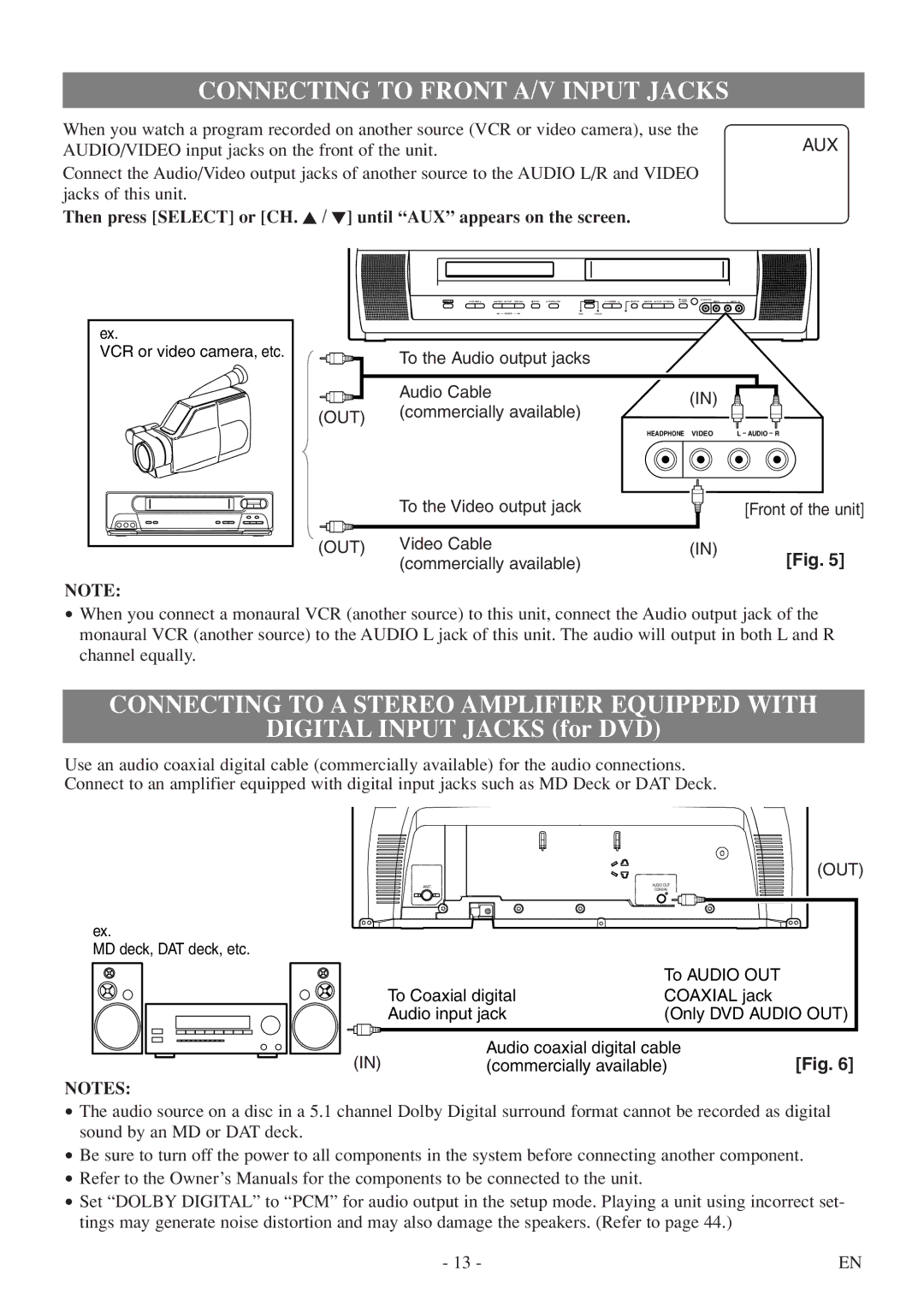 Sylvania 6724FDF owner manual Connecting to Front A/V Input Jacks, Connecting to a Stereo Amplifier Equipped with 