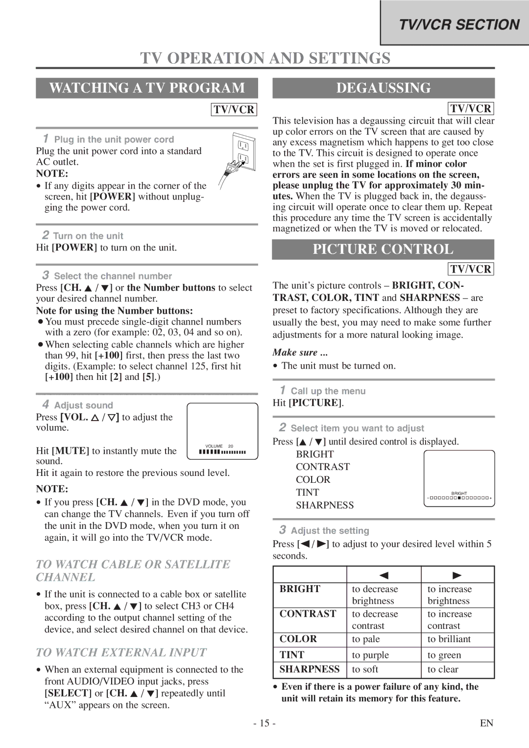 Sylvania 6724FDF owner manual TV Operation and Settings, Watching a TV Program, Degaussing, Picture Control 