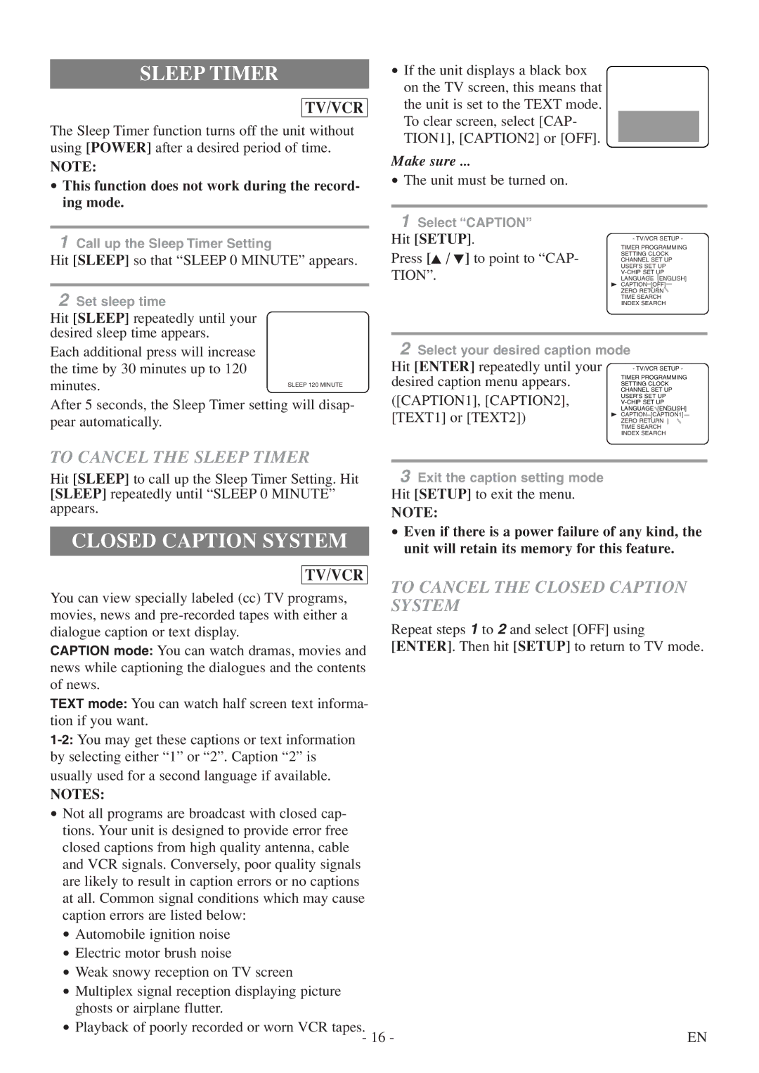 Sylvania 6724FDF owner manual To Cancel the Sleep Timer, To Cancel the Closed Caption System 