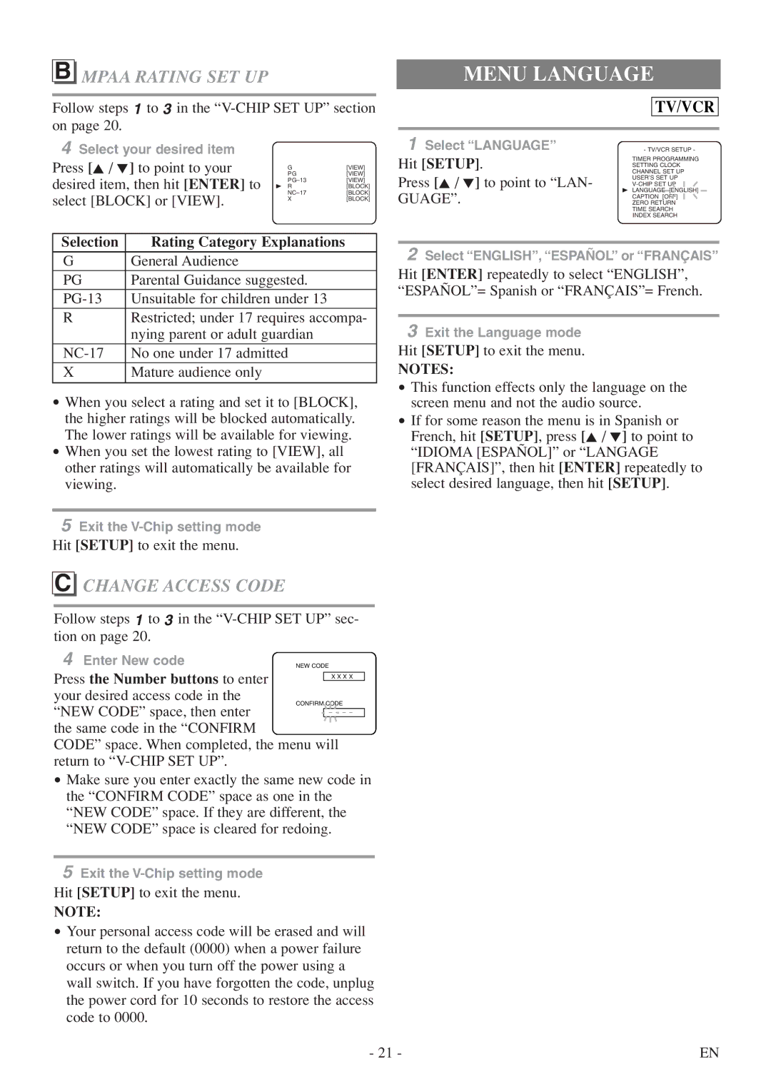 Sylvania 6724FDF owner manual Menu Language, Mpaa Rating SET UP, Change Access Code, Guage 