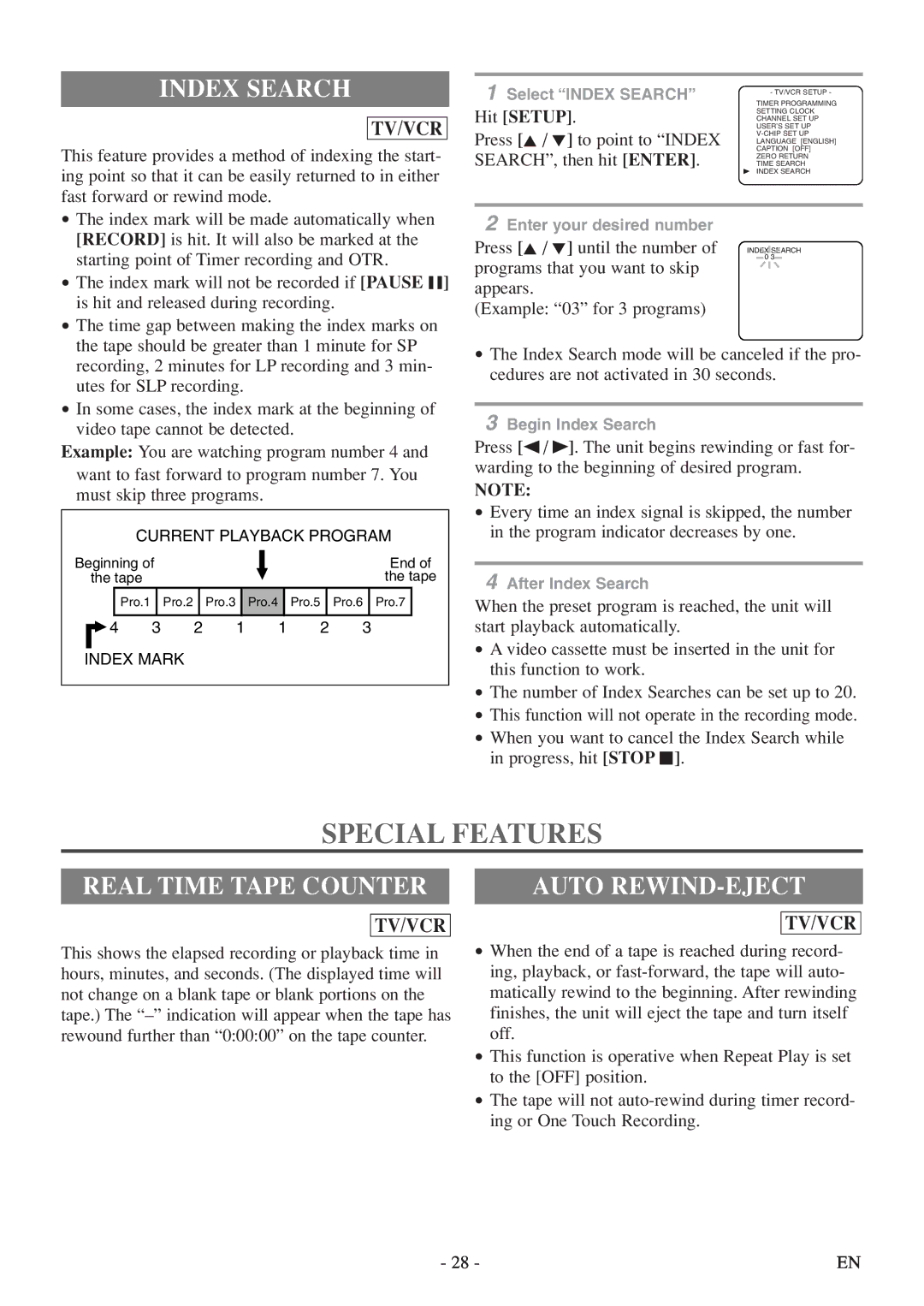 Sylvania 6724FDF owner manual Special Features, Index Search, Real Time Tape Counter, Auto REWIND-EJECT 