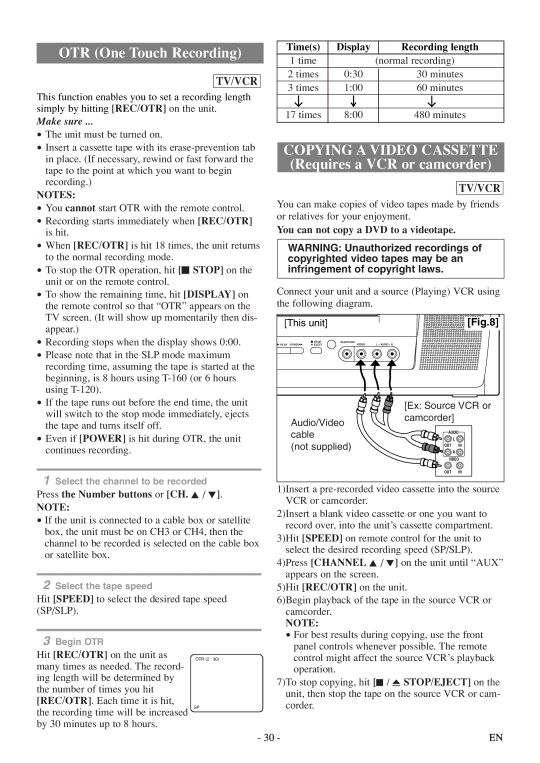 Sylvania 6724FDF owner manual Times Display Recording length, You can not copy a DVD to a videotape 