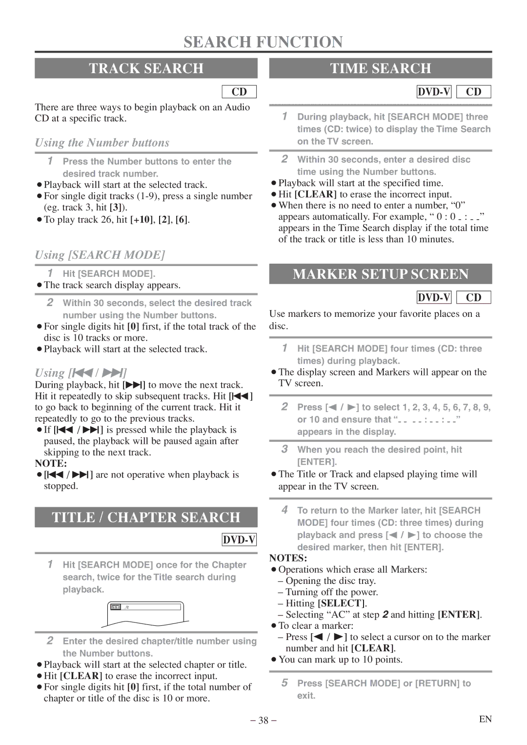 Sylvania 6724FDF owner manual Search Function, Track Search Time Search, Title / Chapter Search, Marker Setup Screen 