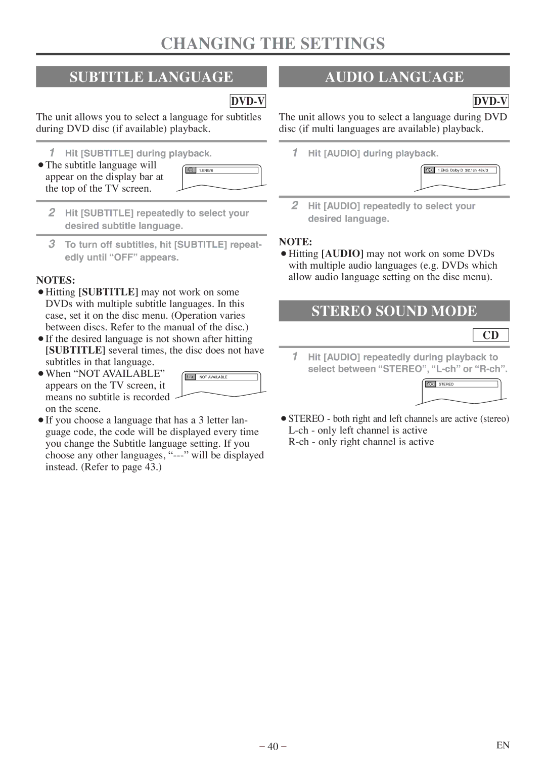 Sylvania 6724FDF owner manual Changing the Settings, Subtitle Language, Audio Language, Stereo Sound Mode 