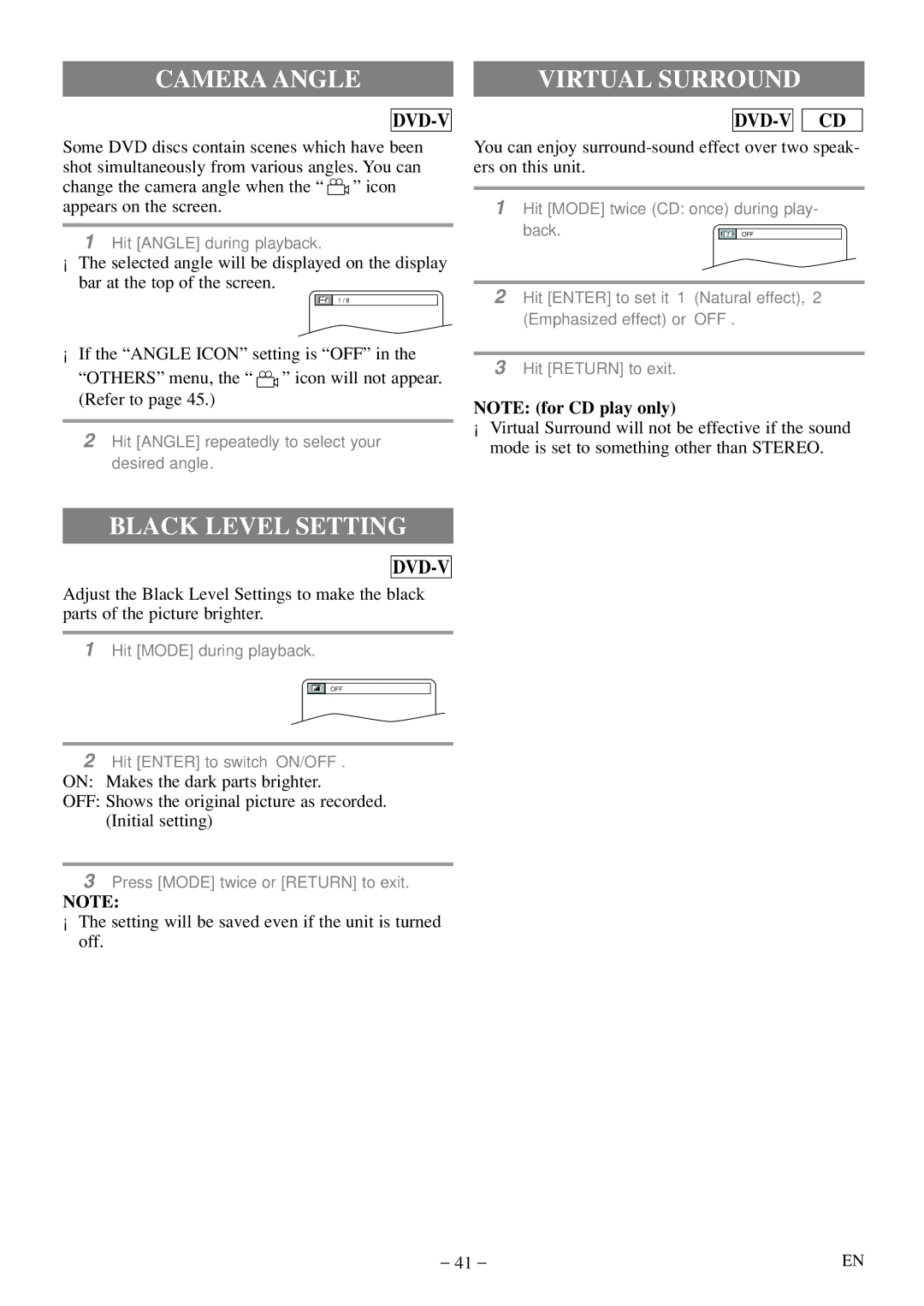 Sylvania 6724FDF owner manual Camera Angle, Virtual Surround, Black Level Setting 