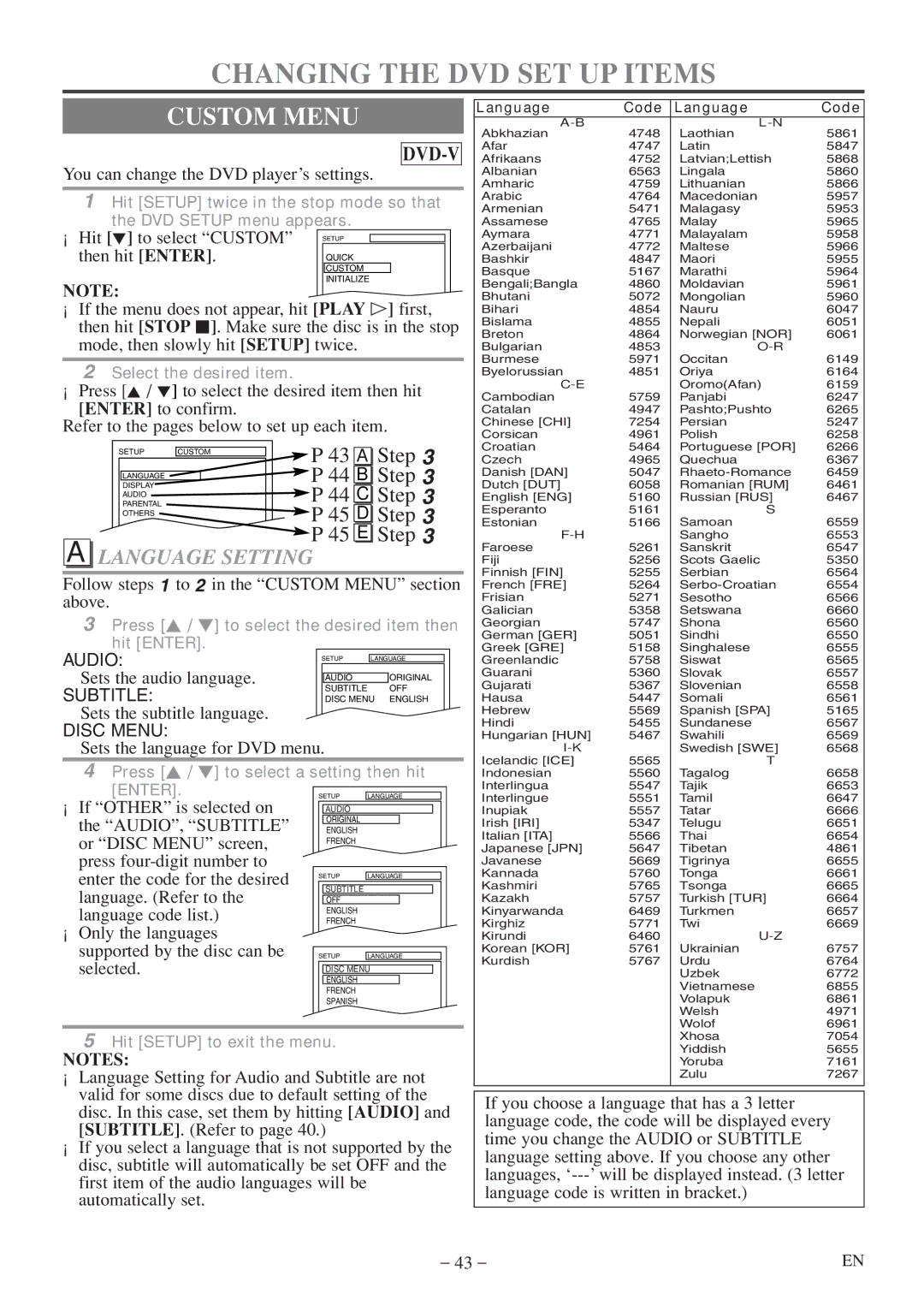 Sylvania 6724FDF owner manual Changing the DVD SET UP Items, Custom Menu, Language Setting 