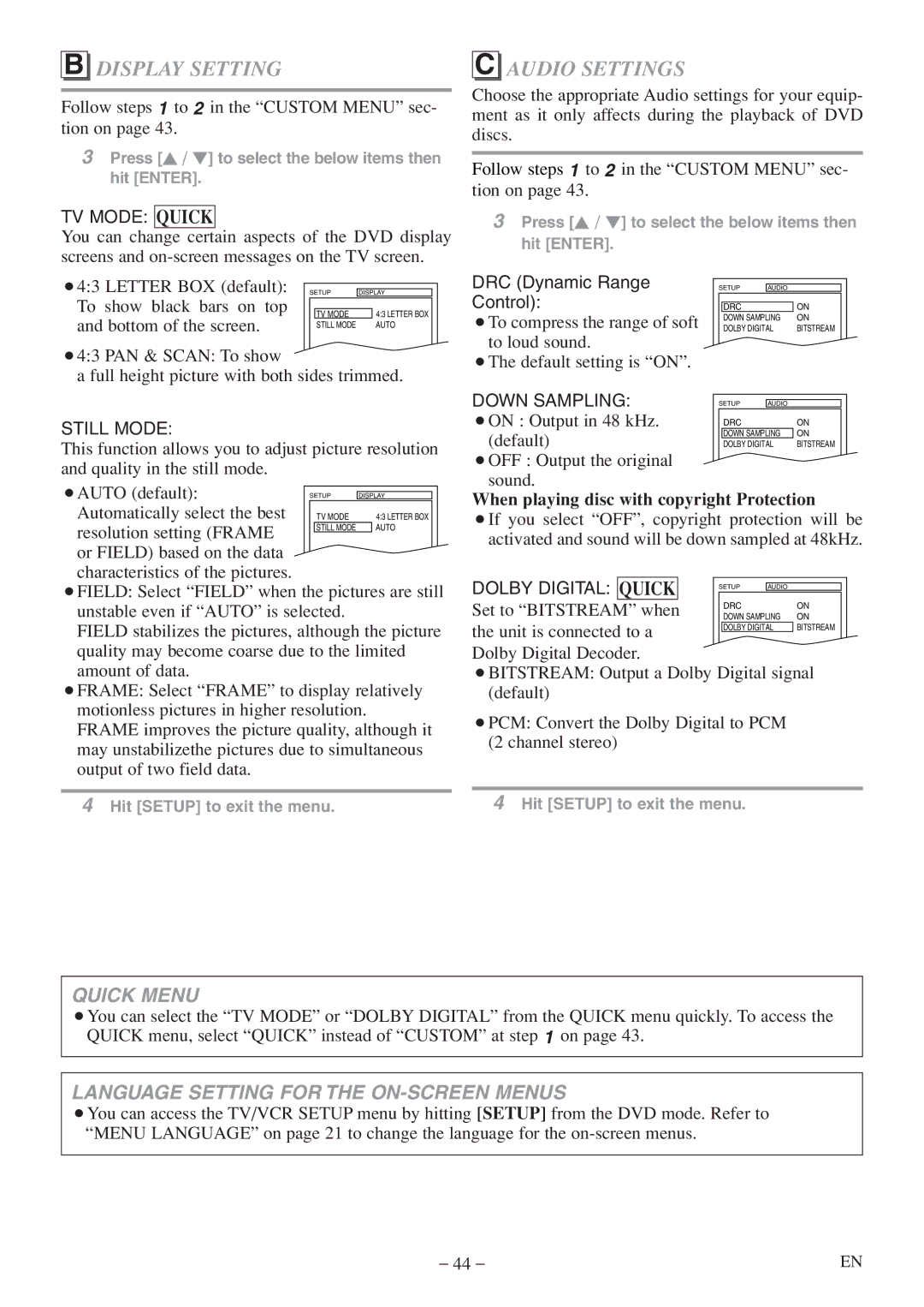 Sylvania 6724FDF owner manual Display Setting, Audio Settings, When playing disc with copyright Protection, Quick 