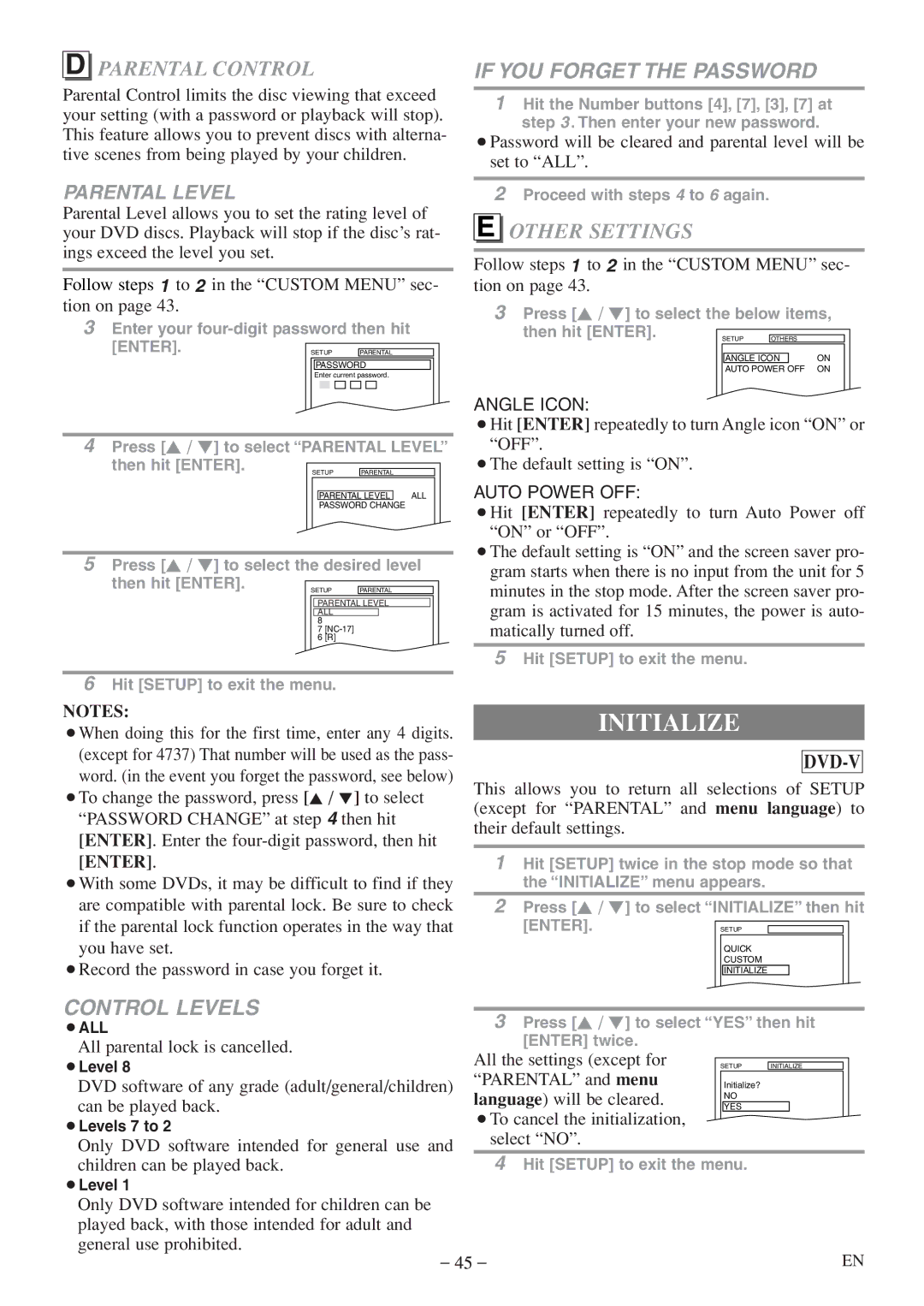 Sylvania 6724FDF owner manual Initialize, Parental Control, Other Settings 