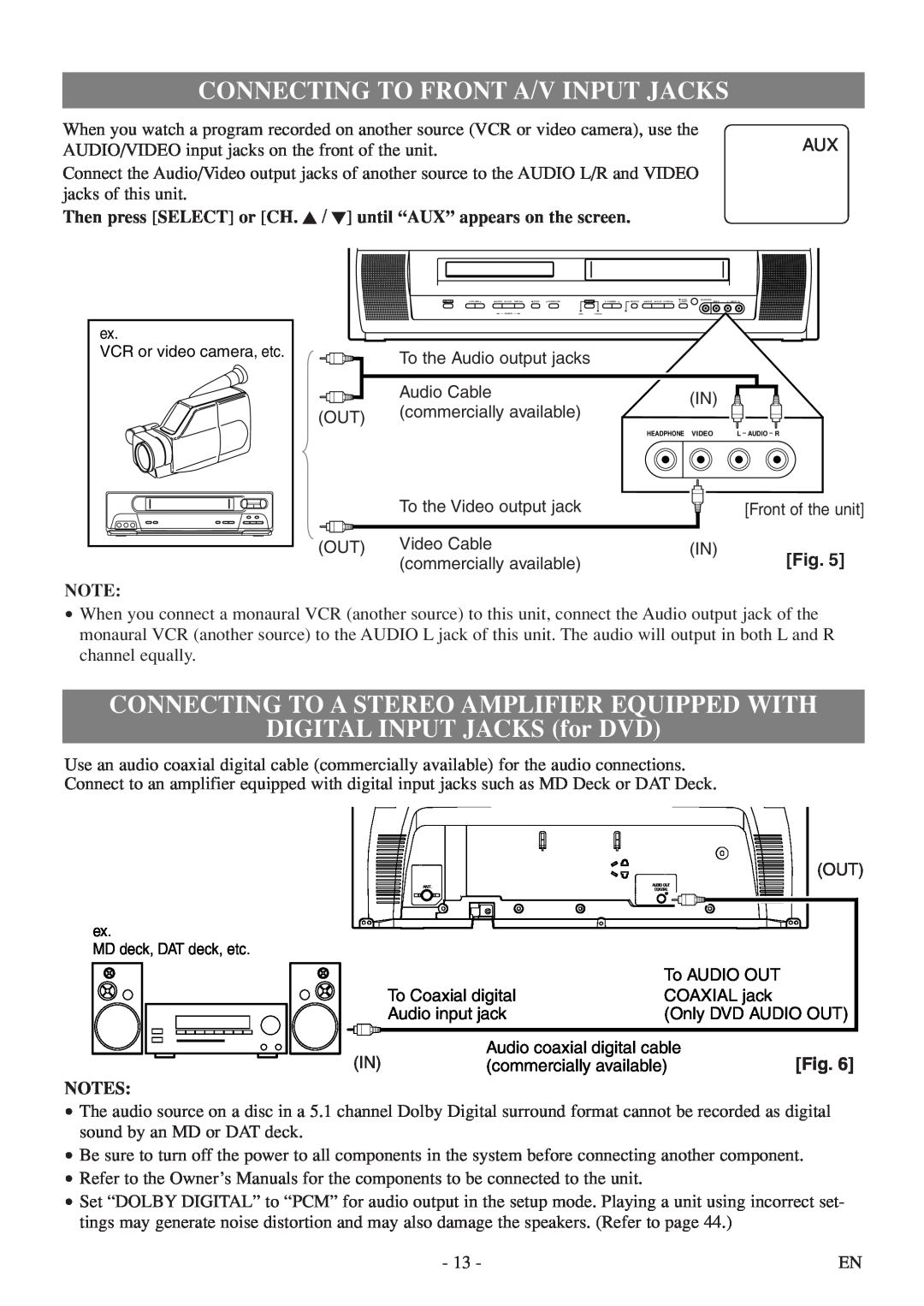 Sylvania 6724FDF owner manual Connecting To Front A/V Input Jacks, Connecting To A Stereo Amplifier Equipped With 