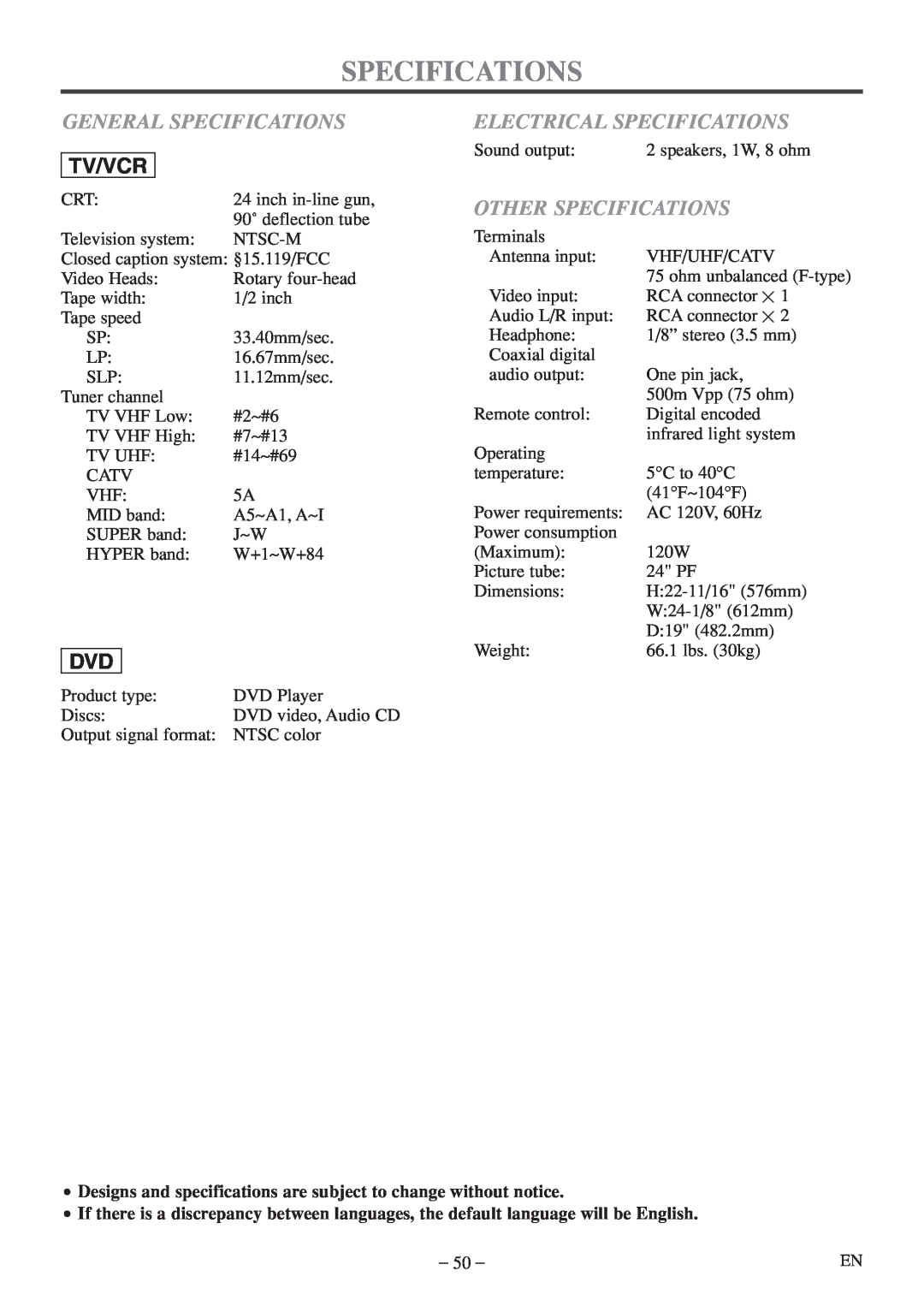 Sylvania 6724FDF owner manual General Specifications, Tv/Vcr, Electrical Specifications, Other Specifications 