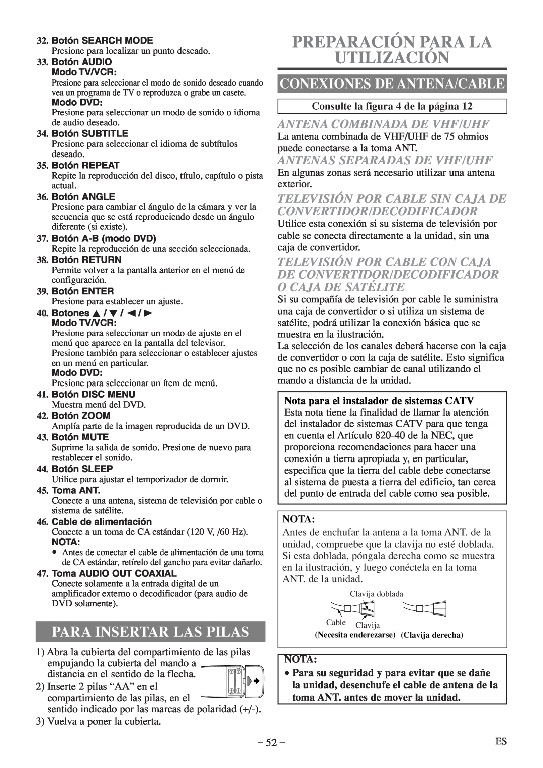 Sylvania 6724FDF owner manual Preparación Para La Utilización, Para Insertar Las Pilas, Conexiones De Antena/Cable, Nota 