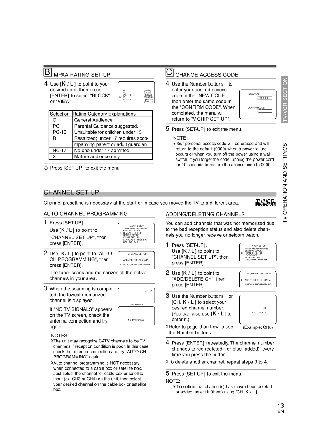 Sylvania 6724FDG owner manual Channel SET UP, Mpaa Rating SET UP Change Access Code, Selection Rating Category 