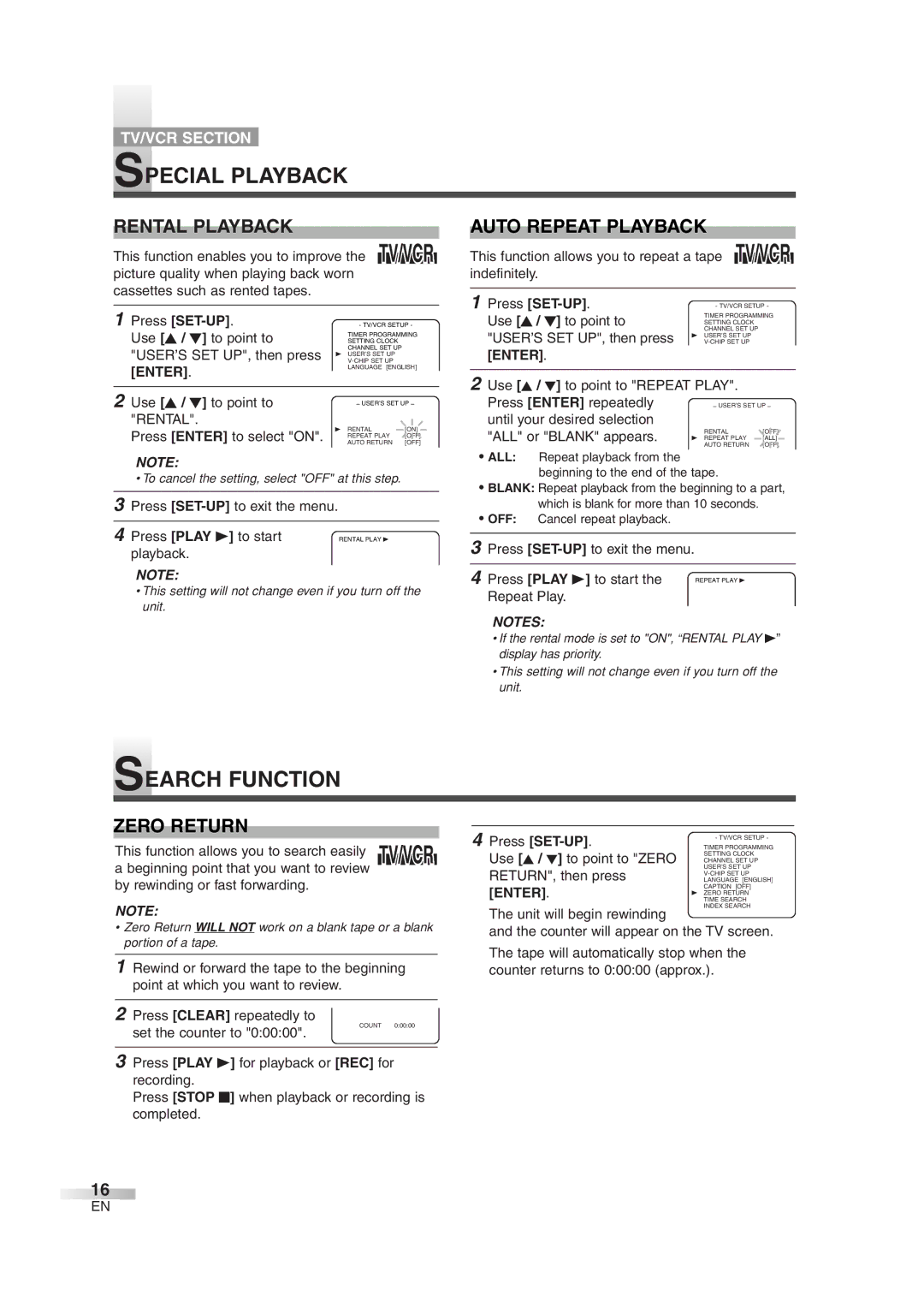 Sylvania 6724FDG owner manual Special Playback, Search Function, Rental Playback, Auto Repeat Playback, Zero Return 